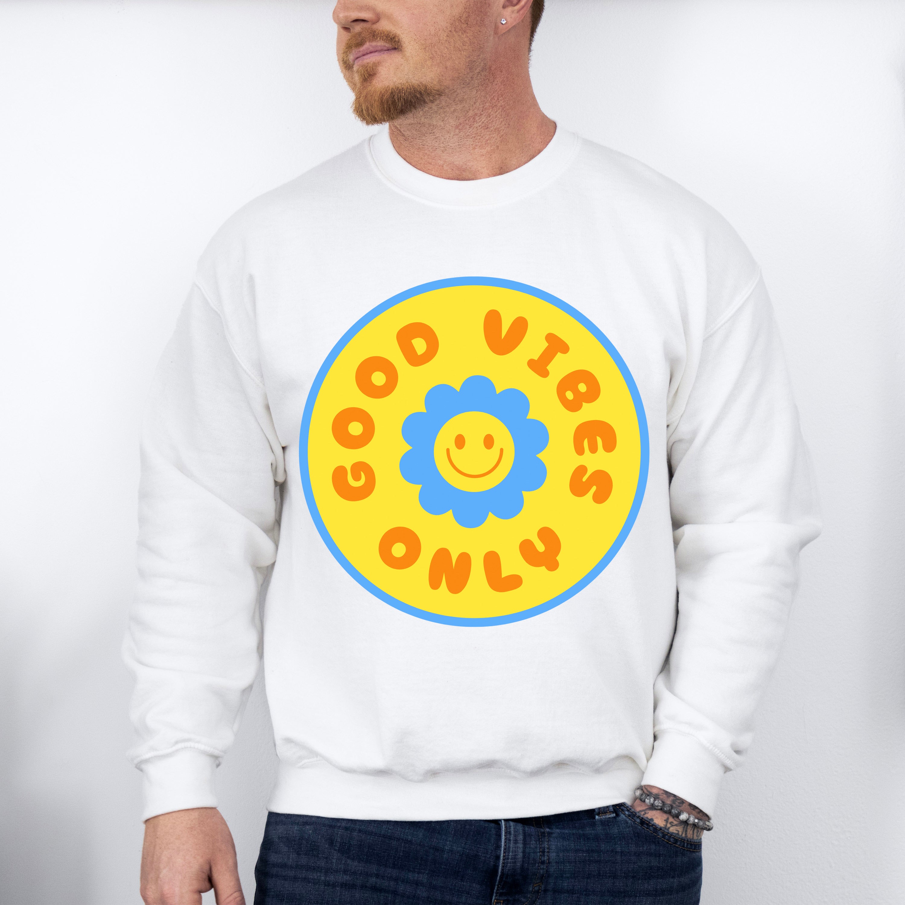 Good Vibes Only Yellow And Blue Flower Design - Good Vibes Unisex Crewneck T-Shirt Sweatshirt Hoodie