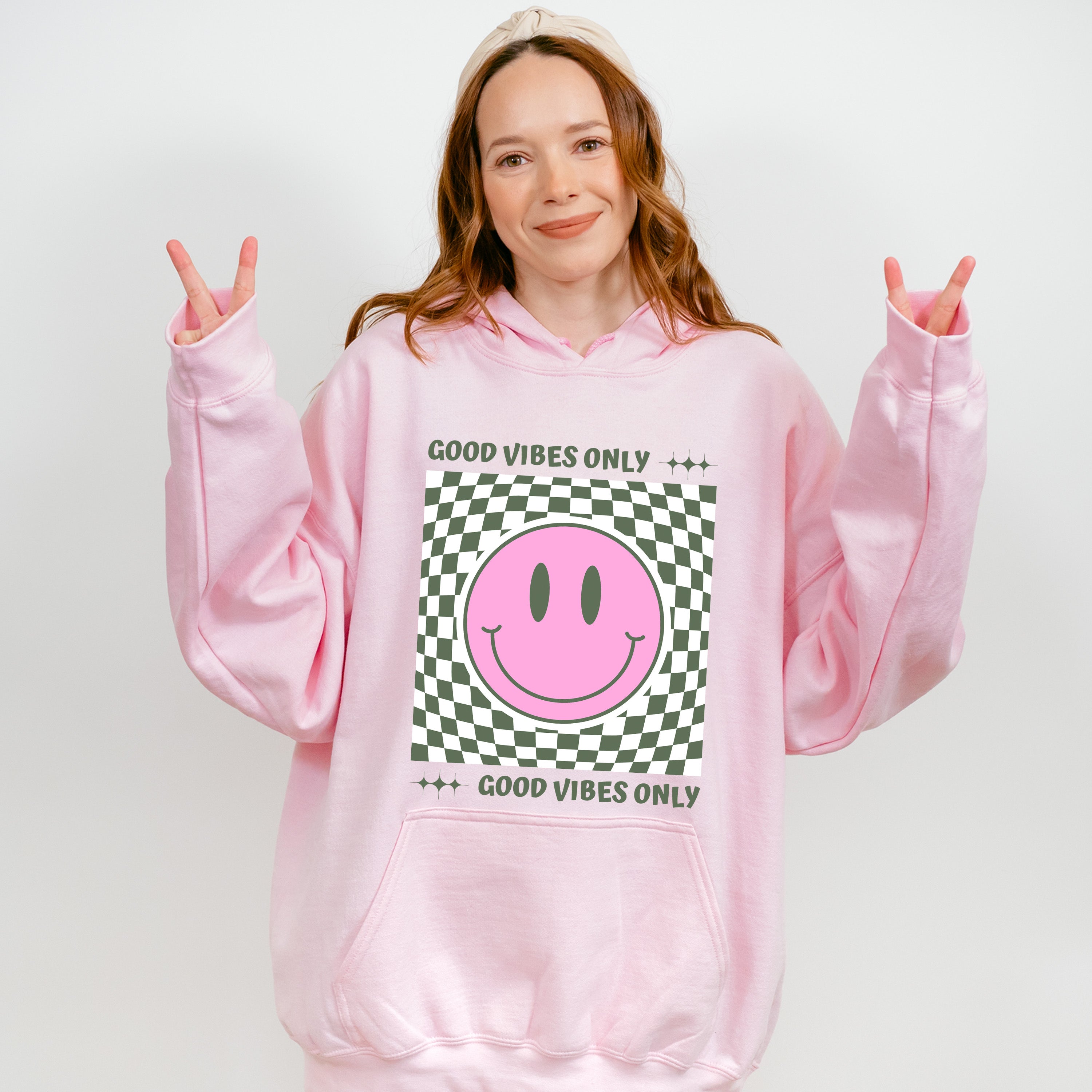 Good Vibes Only Checkered Smiley Design - Good Vibes Unisex Crewneck T-Shirt Sweatshirt Hoodie
