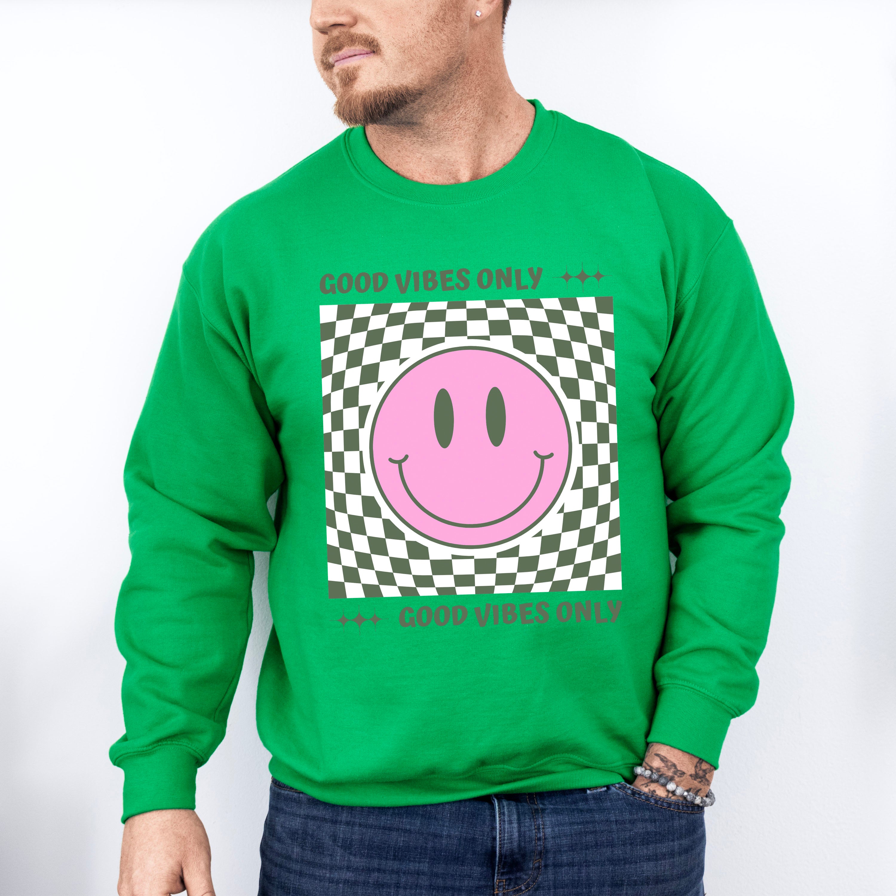 Good Vibes Only Checkered Smiley Design - Good Vibes Unisex Crewneck T-Shirt Sweatshirt Hoodie