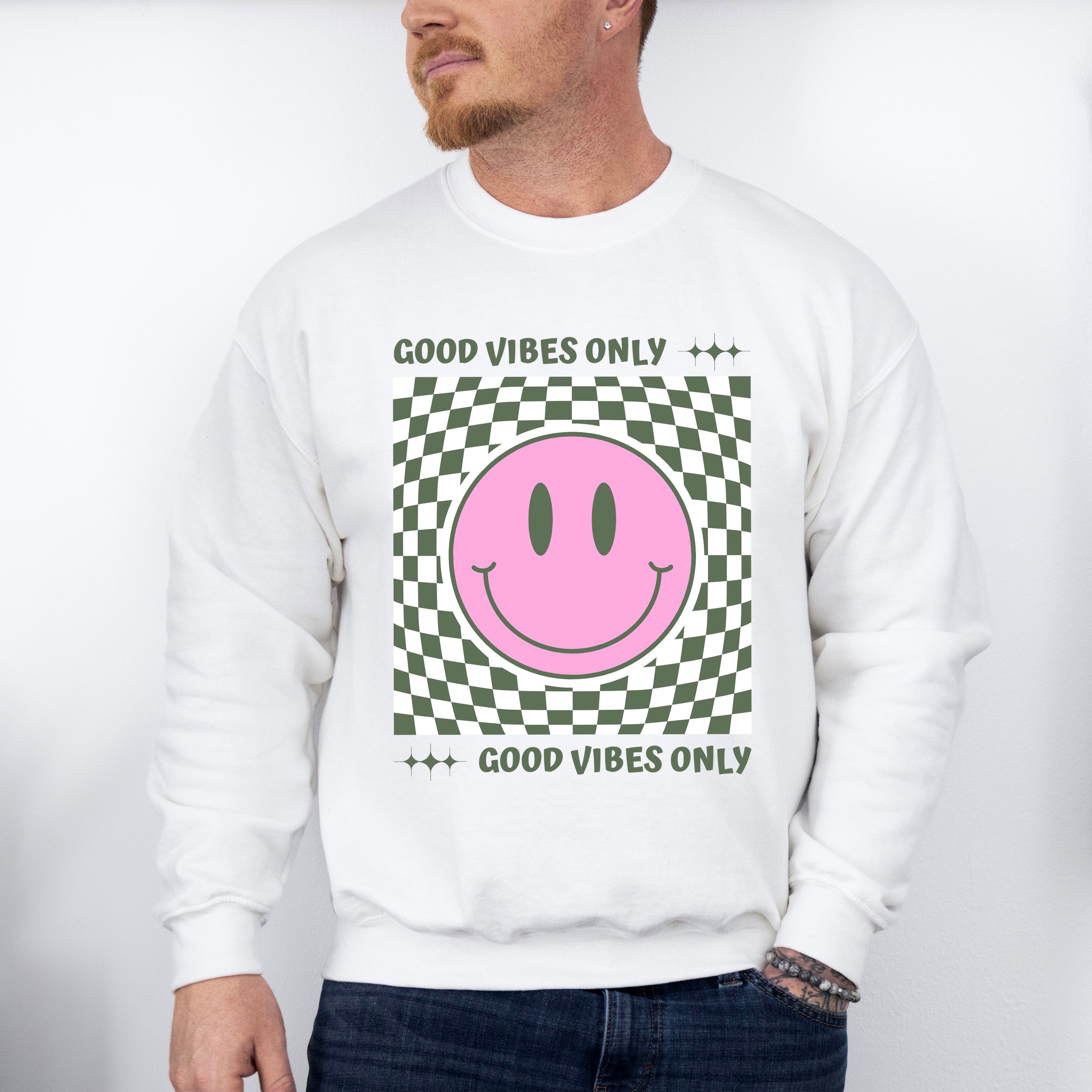 Good Vibes Only Checkered Smiley Design - Good Vibes Unisex Crewneck T-Shirt Sweatshirt Hoodie