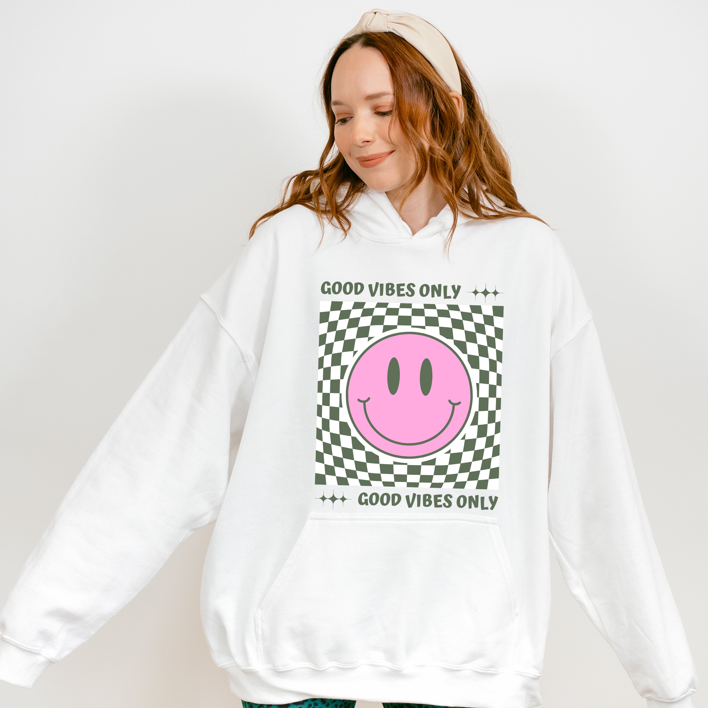 Good Vibes Only Checkered Smiley Design - Good Vibes Unisex Crewneck T-Shirt Sweatshirt Hoodie