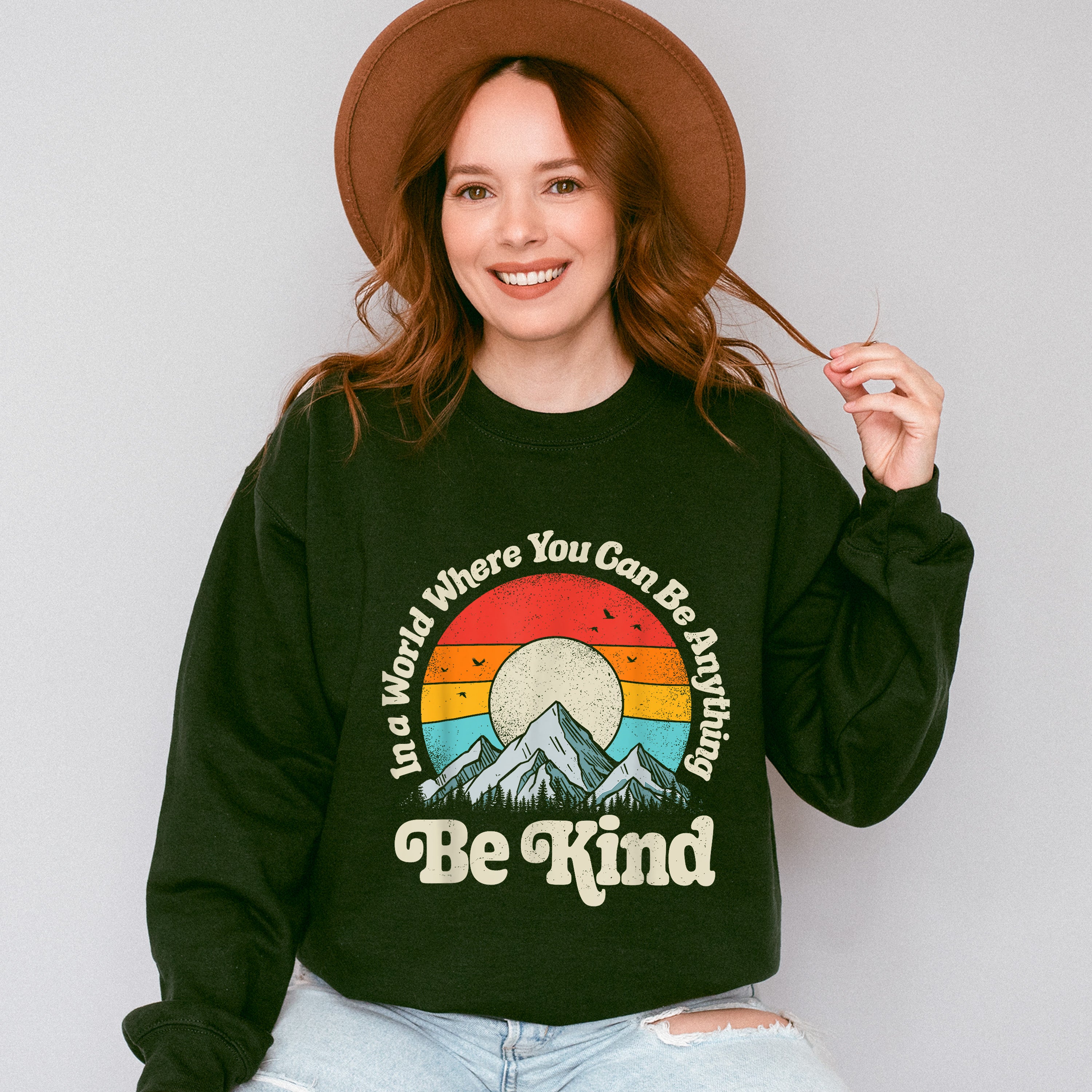 Be Kind Mountain Sun Colorful Design - Be Kind Unisex Crewneck T-Shirt Sweatshirt Hoodie
