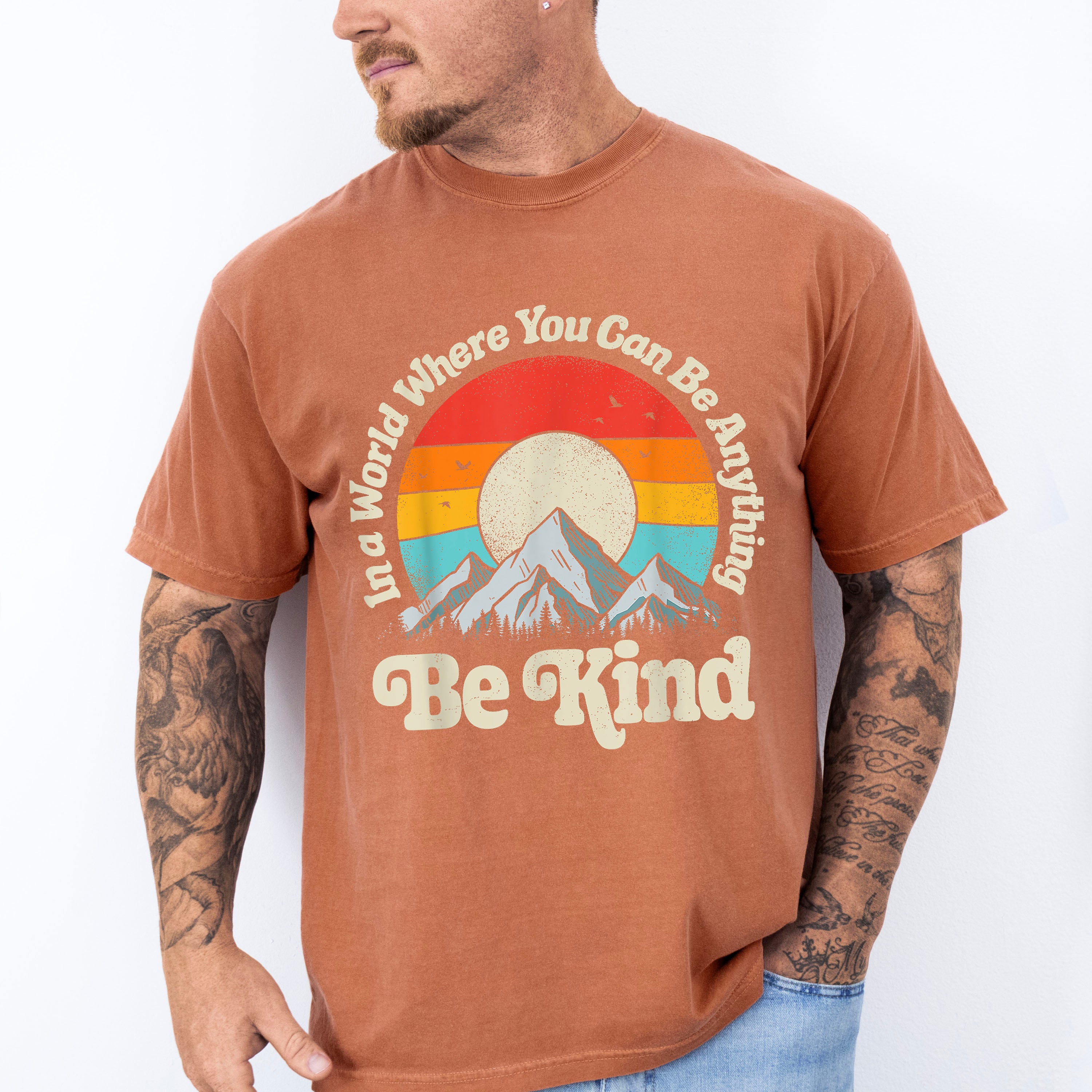 Be Kind Mountain Sun Colorful Design - Be Kind Unisex Crewneck T-Shirt Sweatshirt Hoodie
