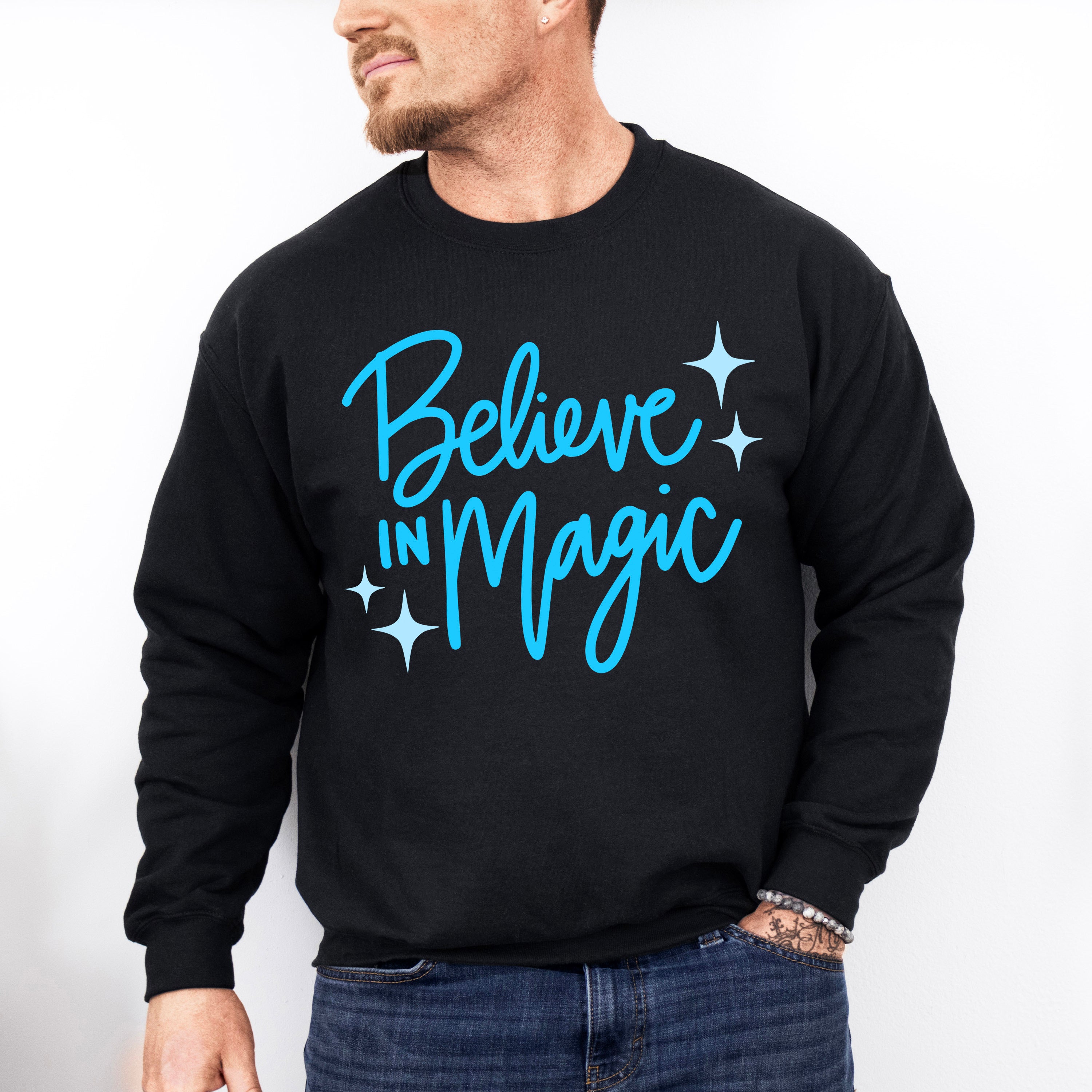 Believe In Magic Blue Cursive Design - Quotes Unisex Crewneck T-Shirt Sweatshirt Hoodie