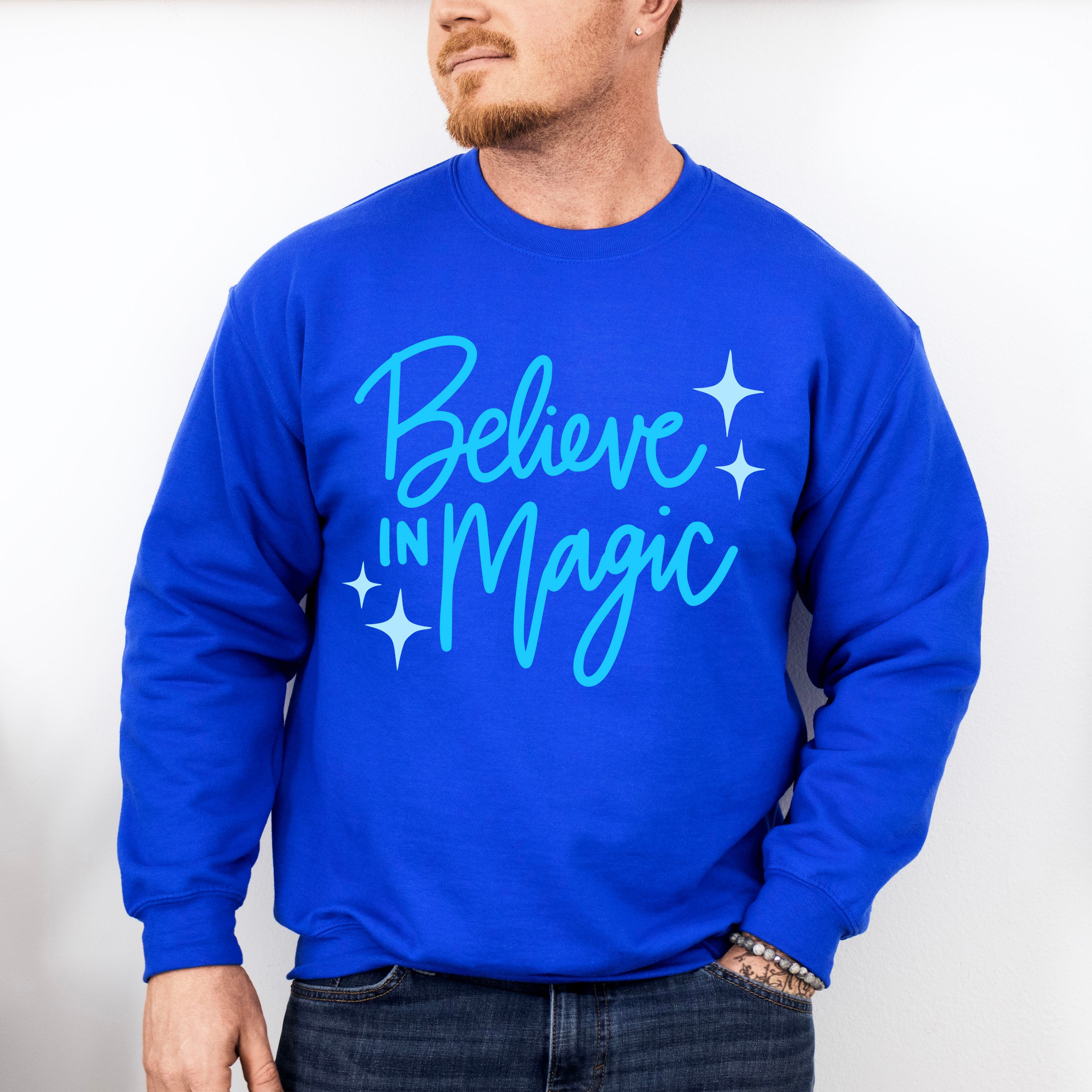 Believe In Magic Blue Cursive Design - Quotes Unisex Crewneck T-Shirt Sweatshirt Hoodie