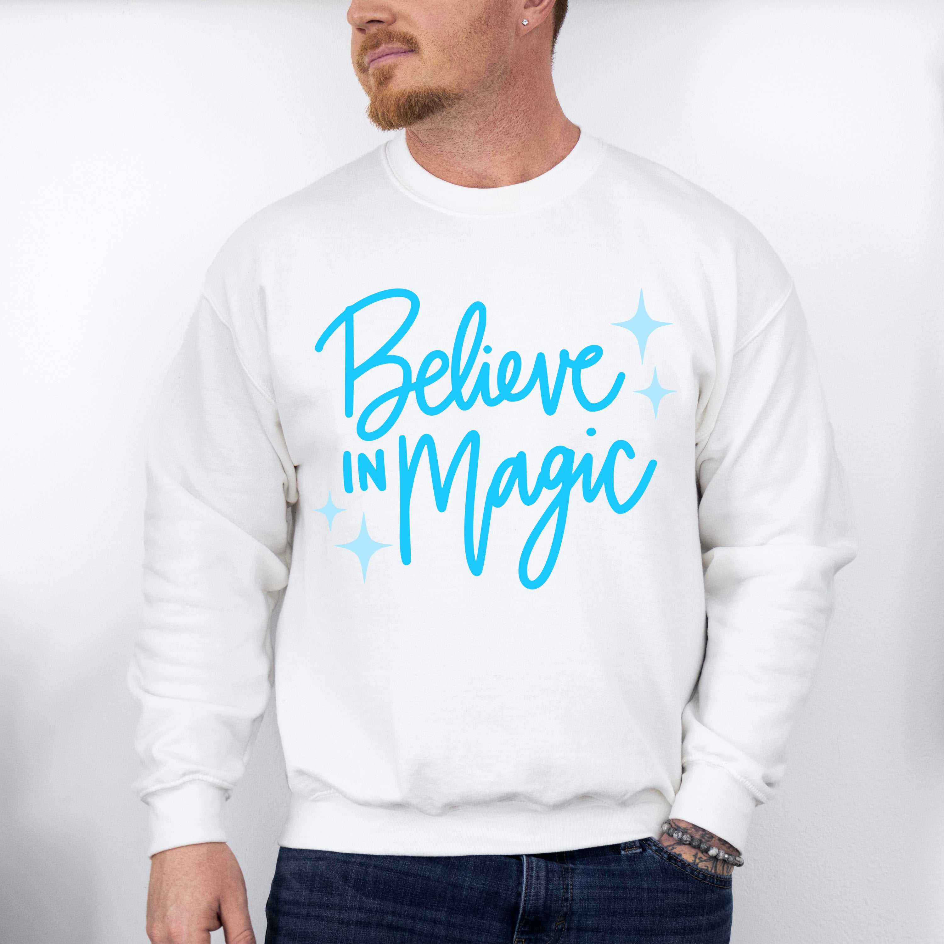 Believe In Magic Blue Cursive Design - Quotes Unisex Crewneck T-Shirt Sweatshirt Hoodie