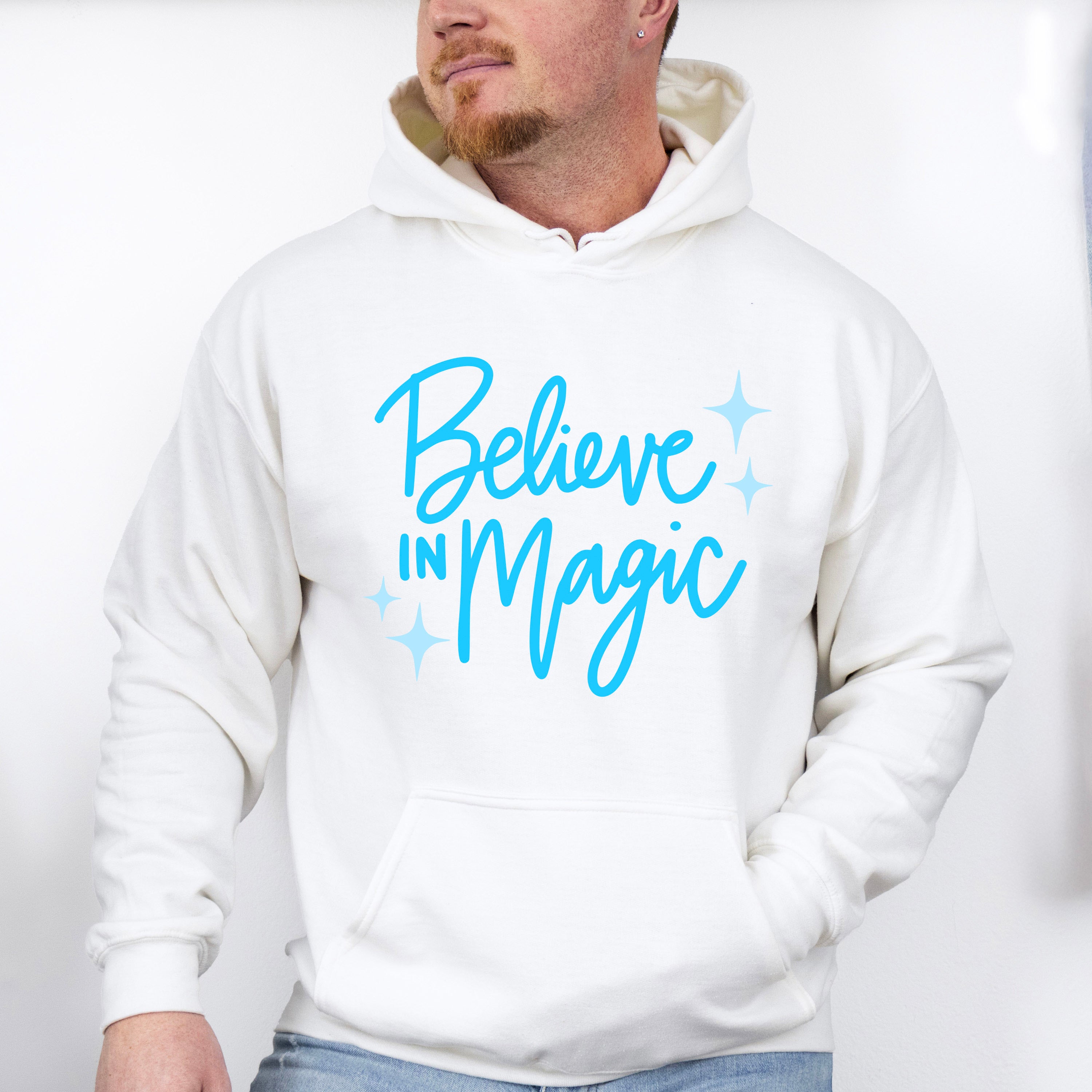 Believe In Magic Blue Cursive Design - Quotes Unisex Crewneck T-Shirt Sweatshirt Hoodie