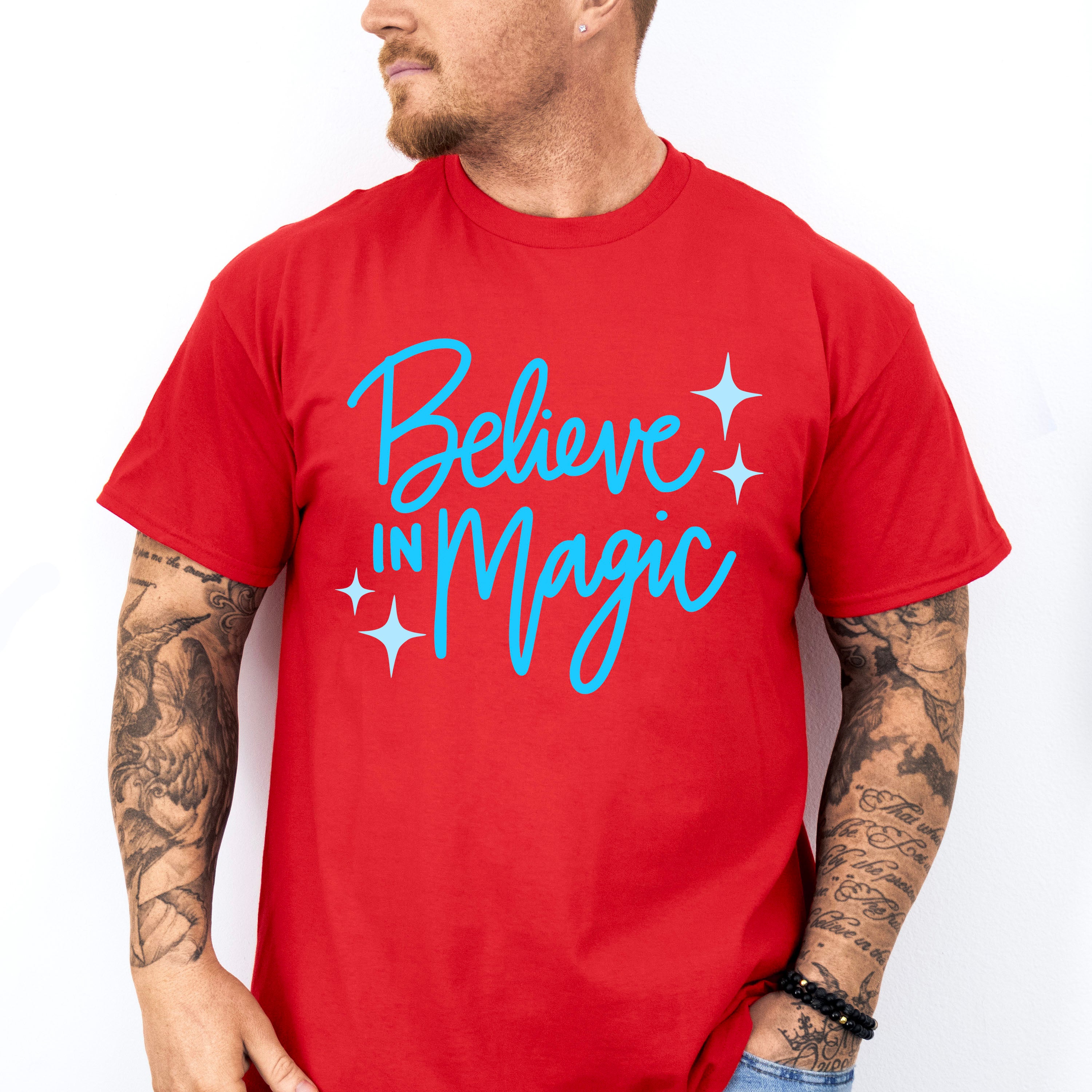 Believe In Magic Blue Cursive Design - Quotes Unisex Crewneck T-Shirt Sweatshirt Hoodie
