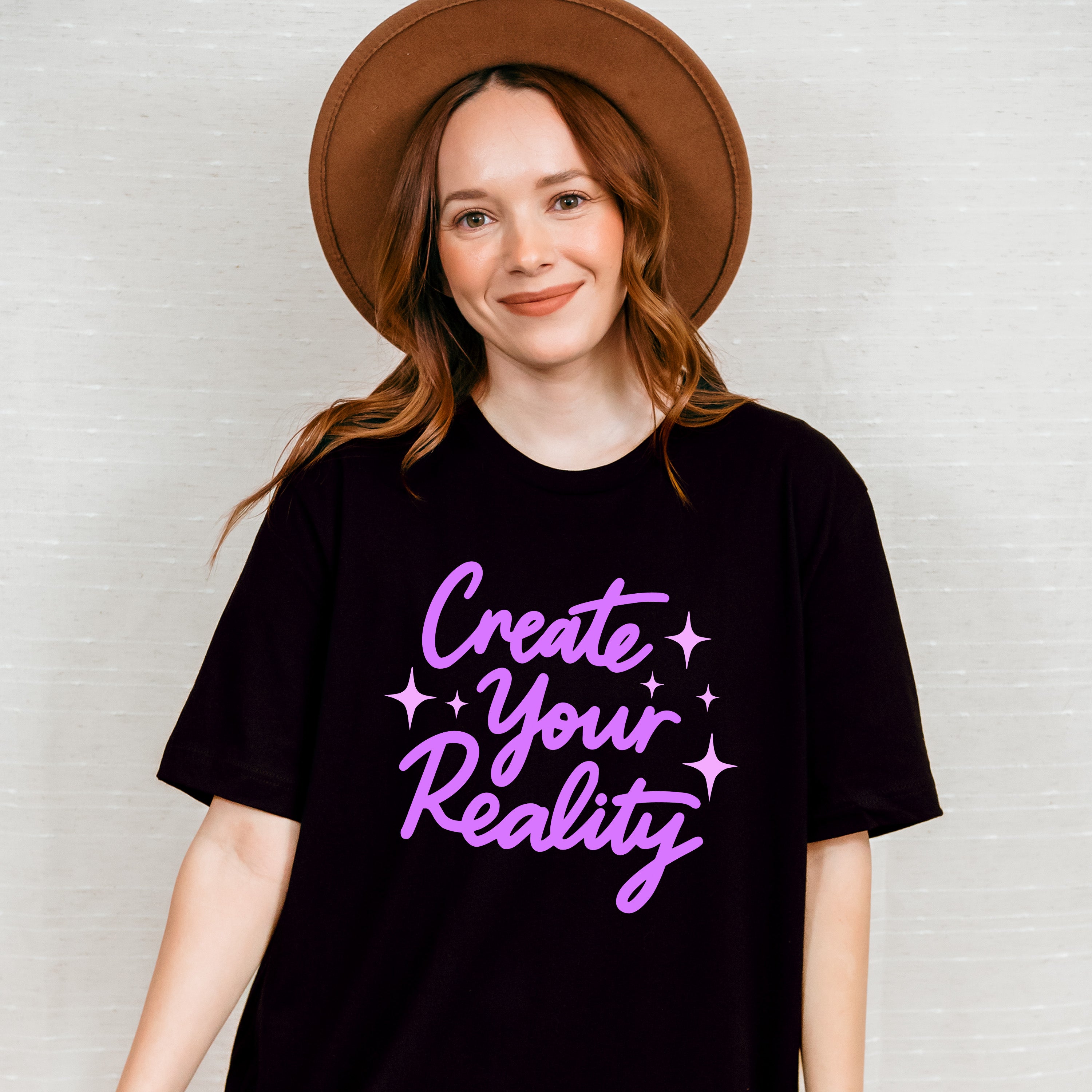 Create Your Reality Purple Cursive Design - Quotes Unisex Crewneck T-Shirt Sweatshirt Hoodie