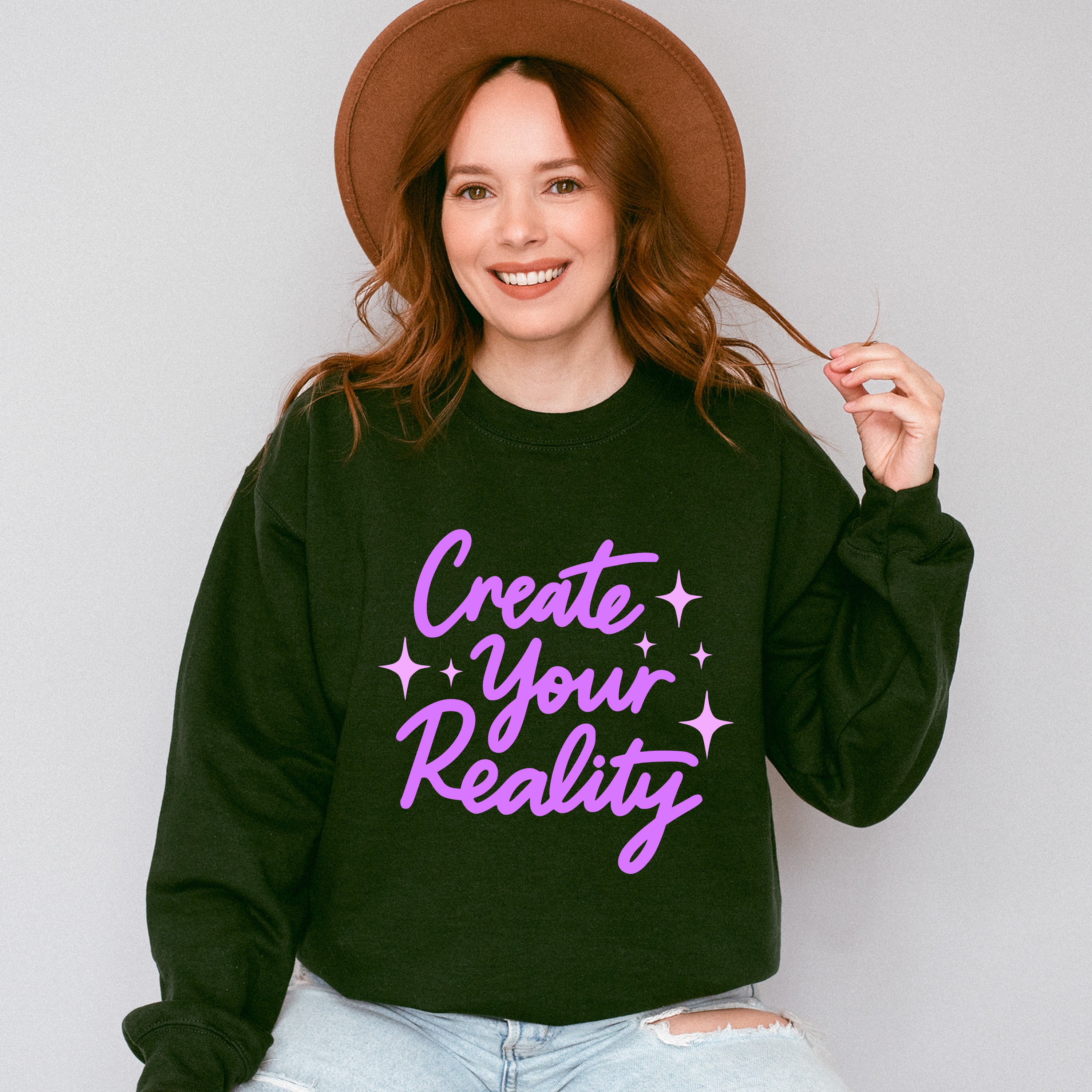 Create Your Reality Purple Cursive Design - Quotes Unisex Crewneck T-Shirt Sweatshirt Hoodie