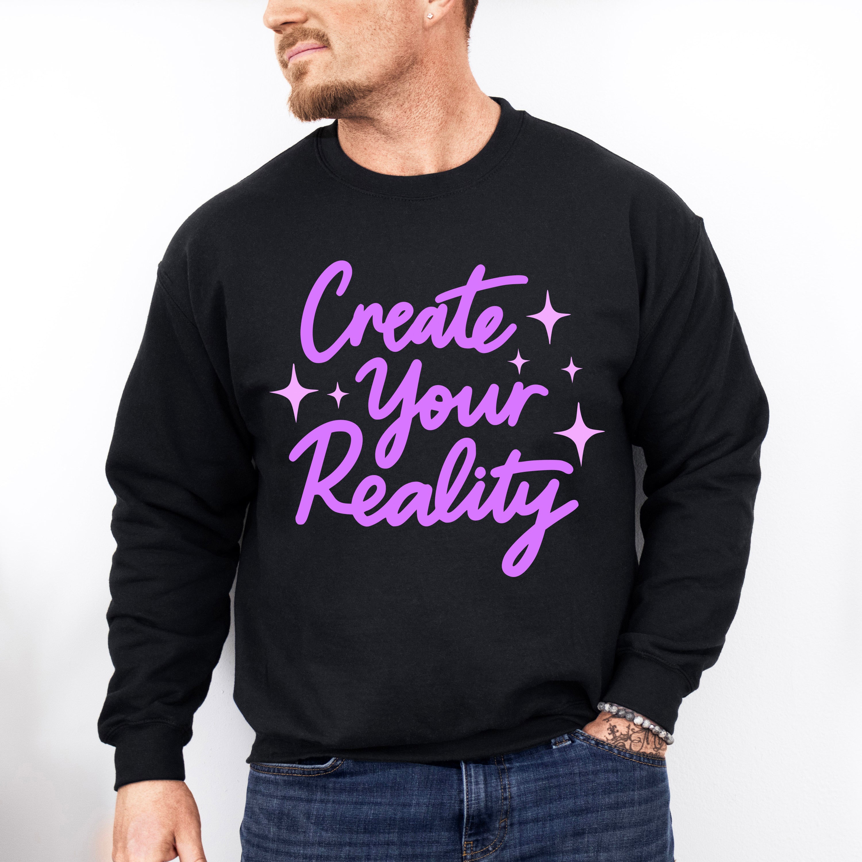 Create Your Reality Purple Cursive Design - Quotes Unisex Crewneck T-Shirt Sweatshirt Hoodie