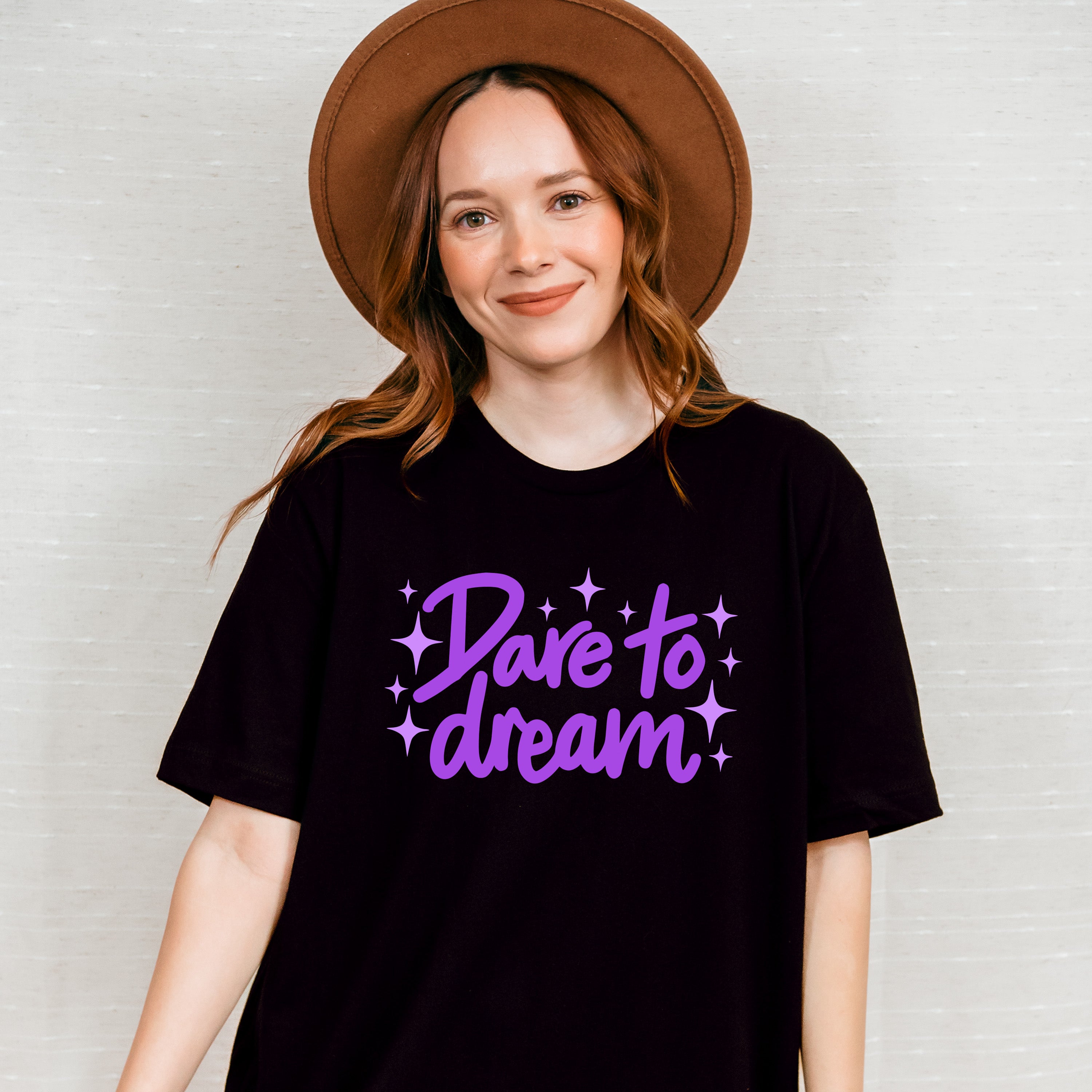 Dare To Dream Purple Cursive Design - Quotes Unisex Crewneck T-Shirt Sweatshirt Hoodie