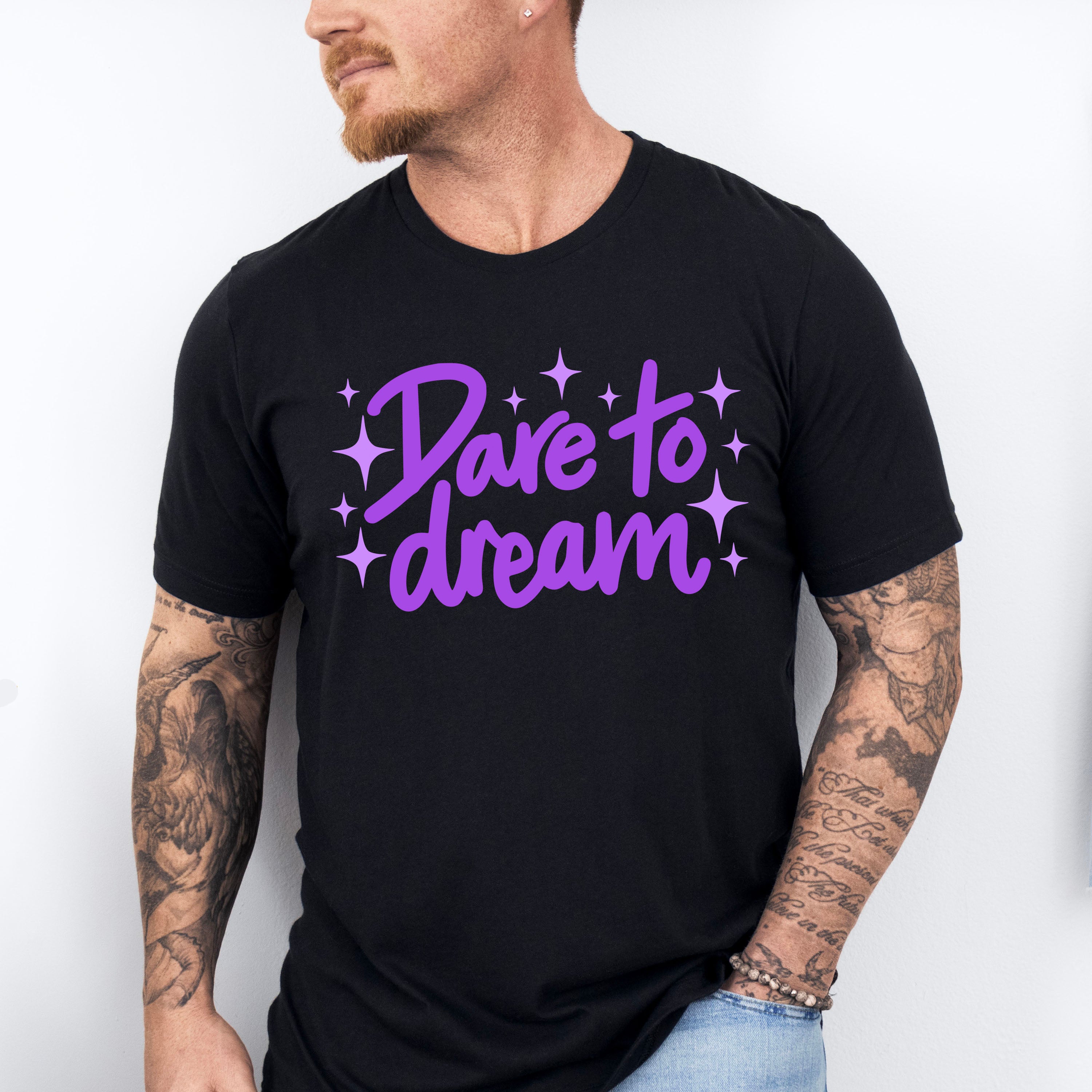 Dare To Dream Purple Cursive Design - Quotes Unisex Crewneck T-Shirt Sweatshirt Hoodie