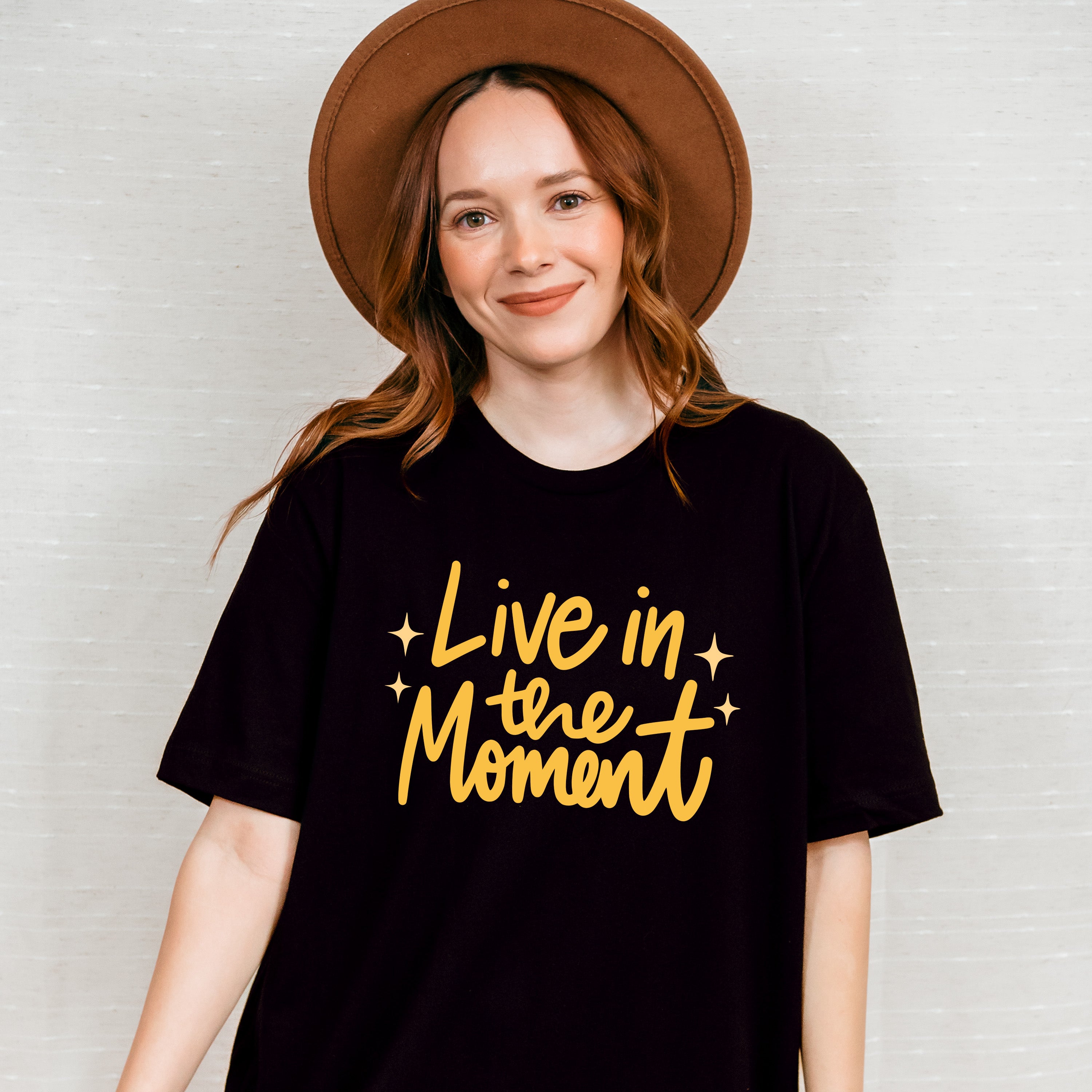 Live In The Moment Yellow Cursive Design - Quotes Unisex Crewneck T-Shirt Sweatshirt Hoodie