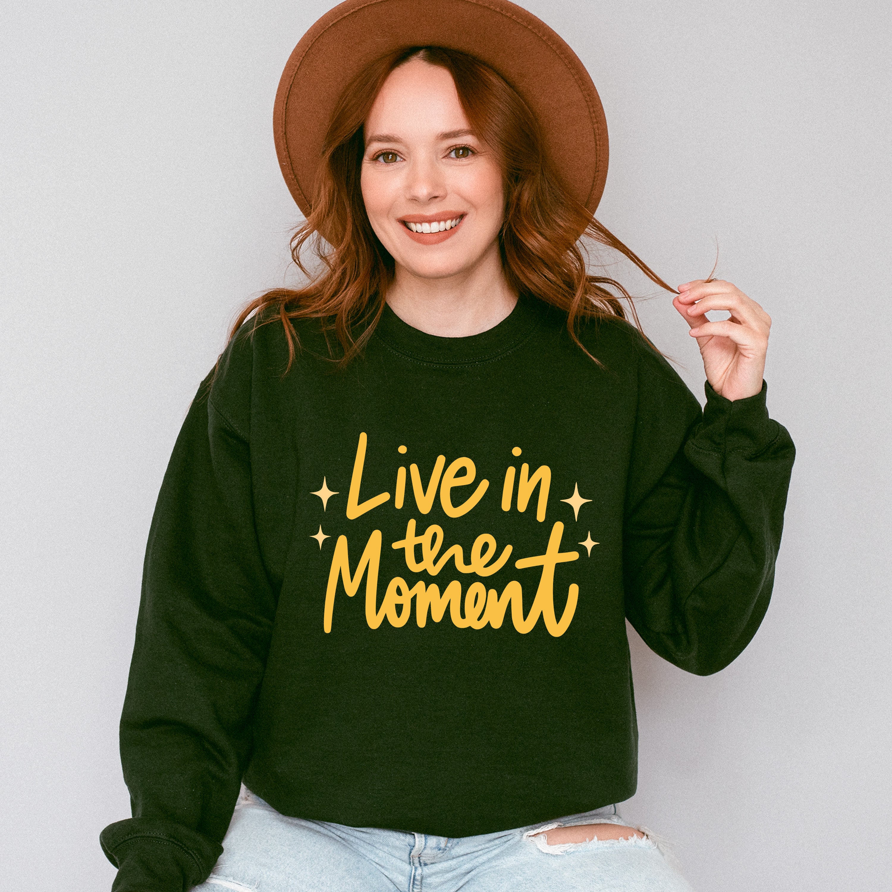 Live In The Moment Yellow Cursive Design - Quotes Unisex Crewneck T-Shirt Sweatshirt Hoodie