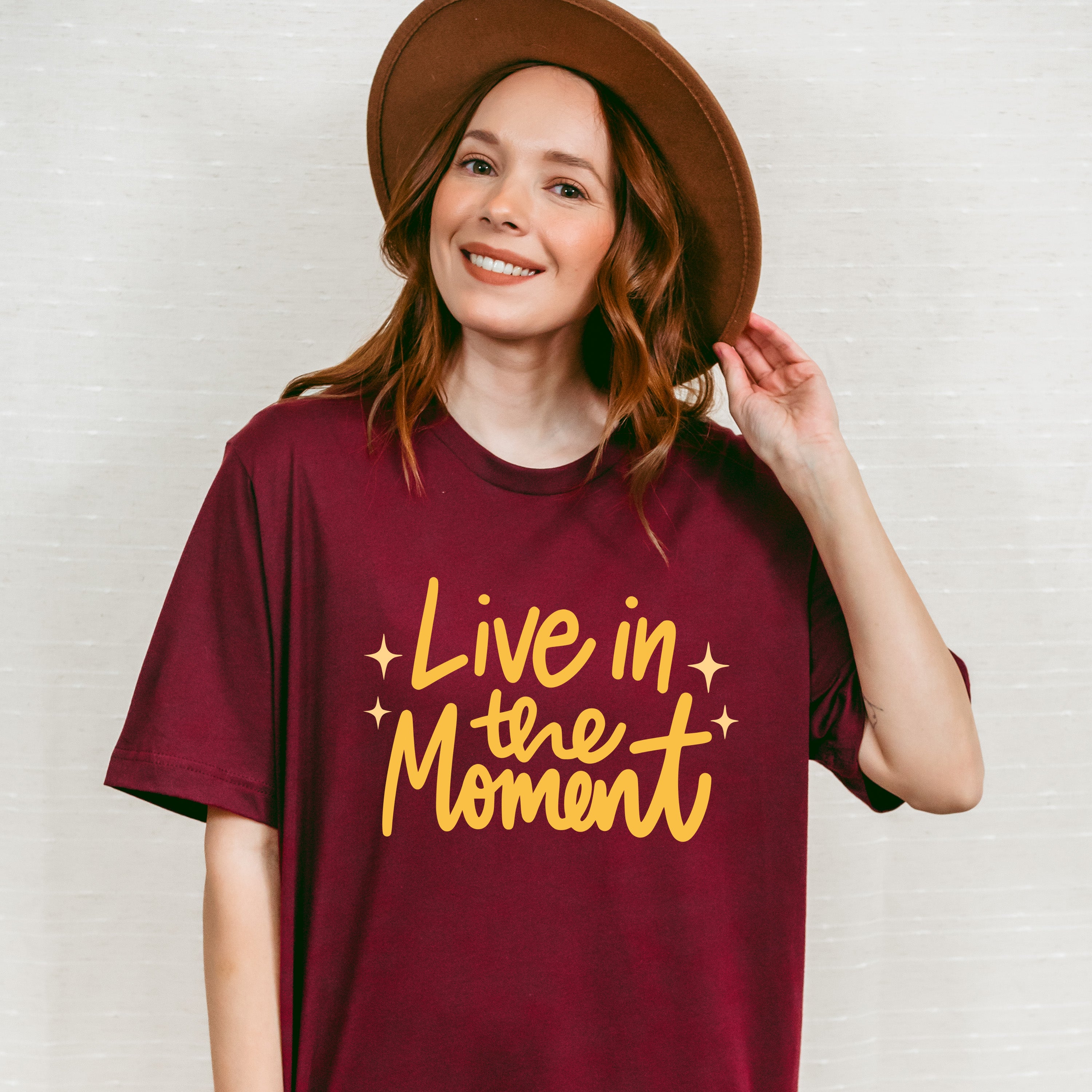 Live In The Moment Yellow Cursive Design - Quotes Unisex Crewneck T-Shirt Sweatshirt Hoodie