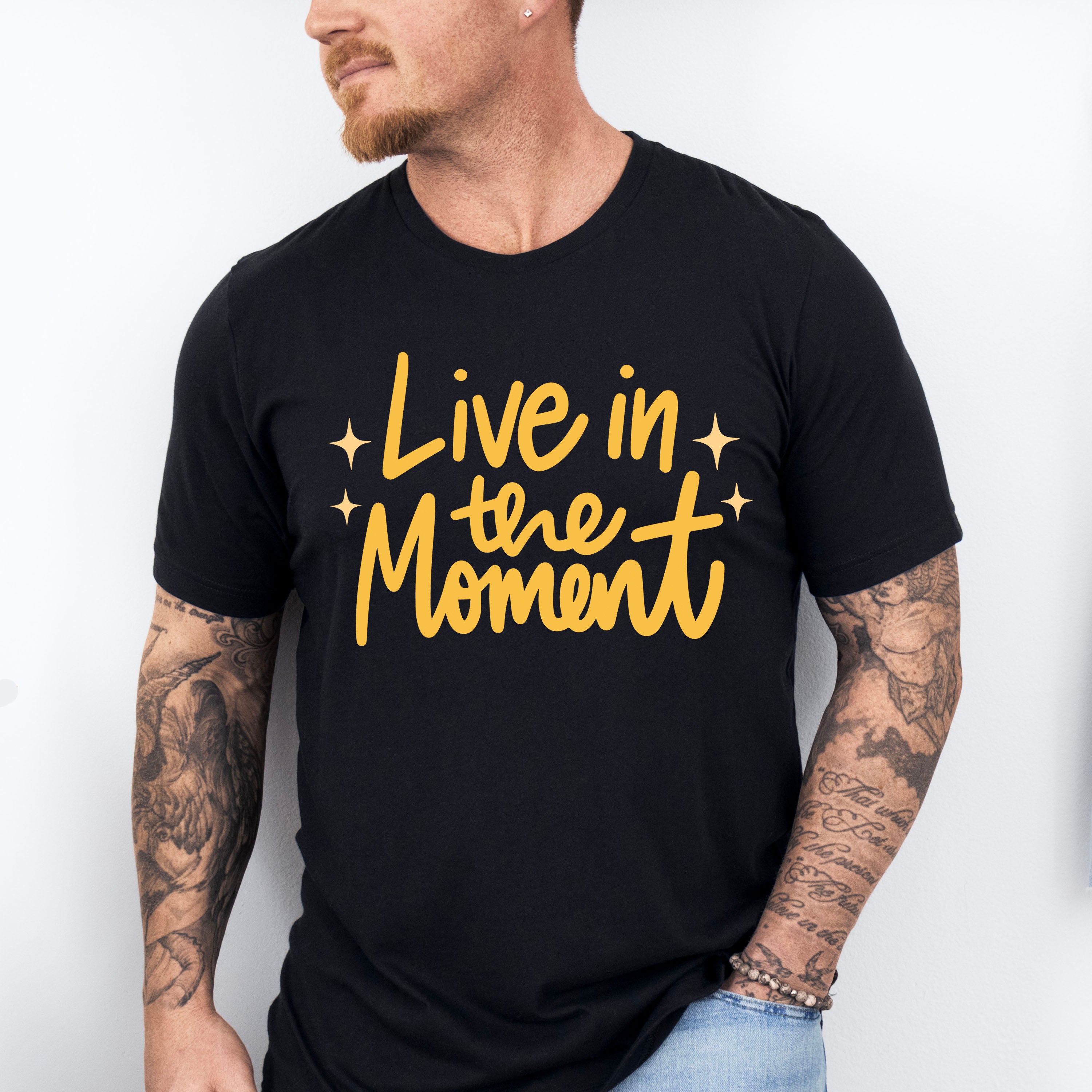 Live In The Moment Yellow Cursive Design - Quotes Unisex Crewneck T-Shirt Sweatshirt Hoodie