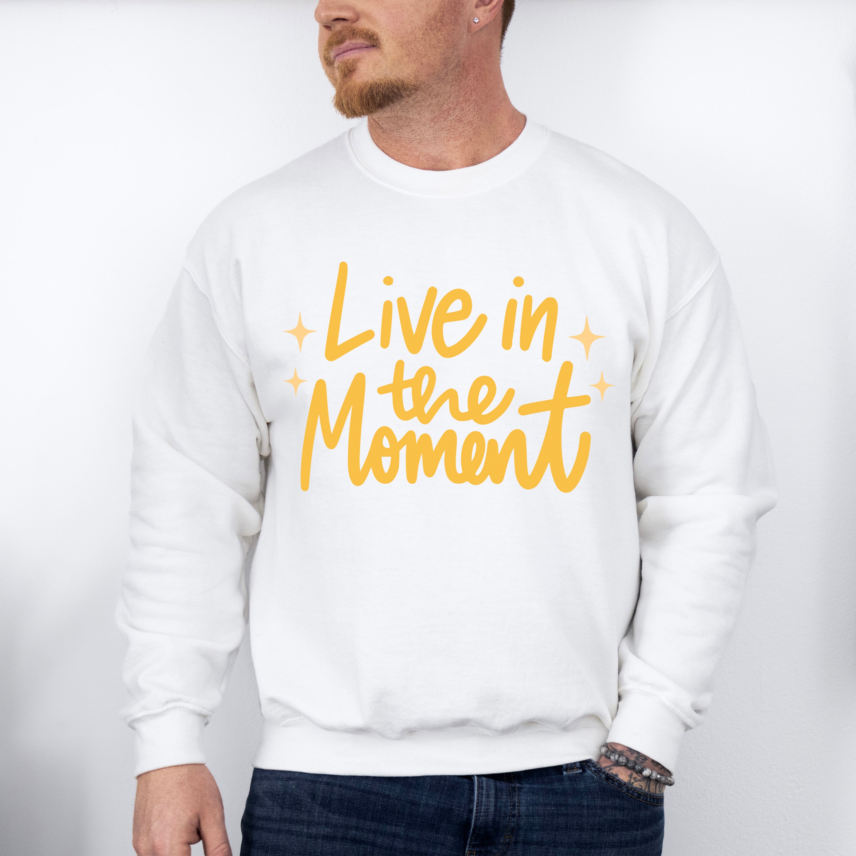 Live In The Moment Yellow Cursive Design - Quotes Unisex Crewneck T-Shirt Sweatshirt Hoodie