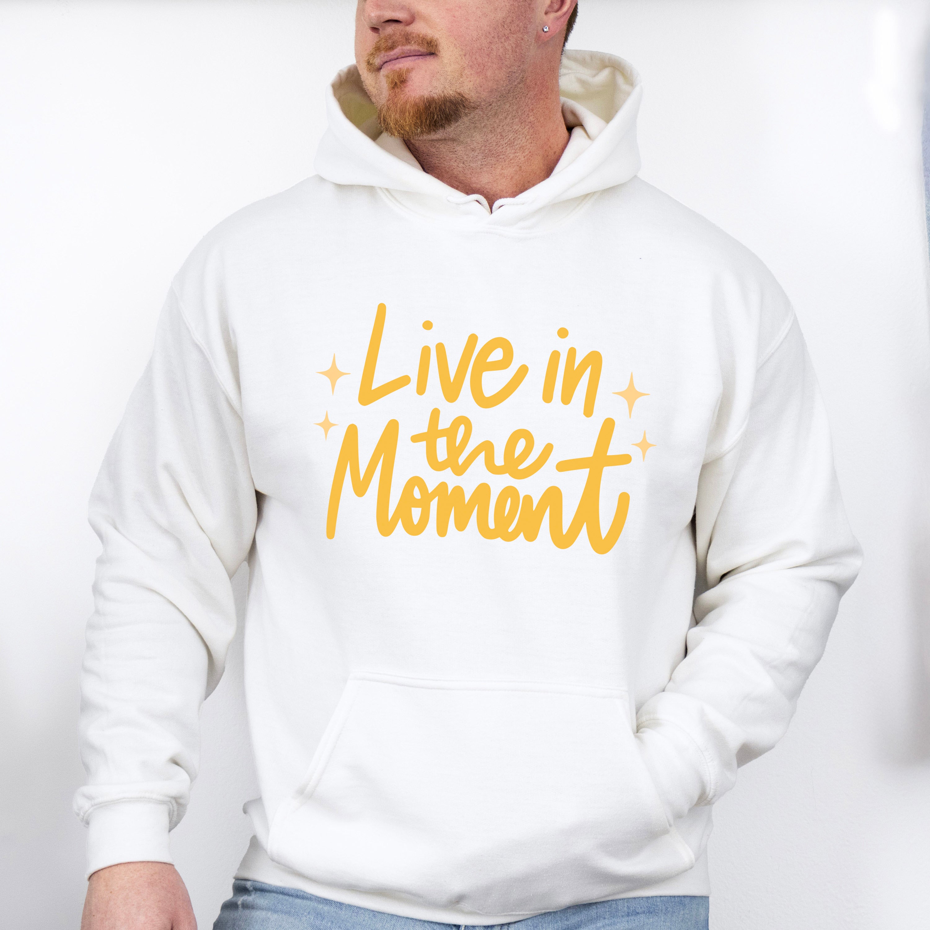 Live In The Moment Yellow Cursive Design - Quotes Unisex Crewneck T-Shirt Sweatshirt Hoodie