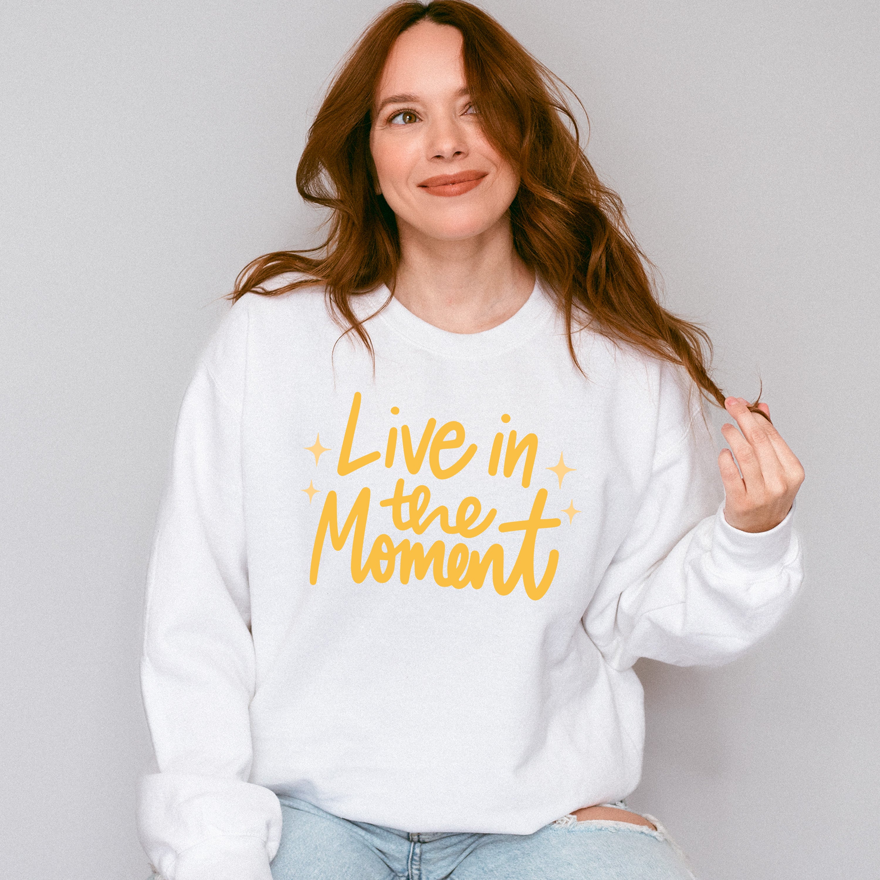 Live In The Moment Yellow Cursive Design - Quotes Unisex Crewneck T-Shirt Sweatshirt Hoodie