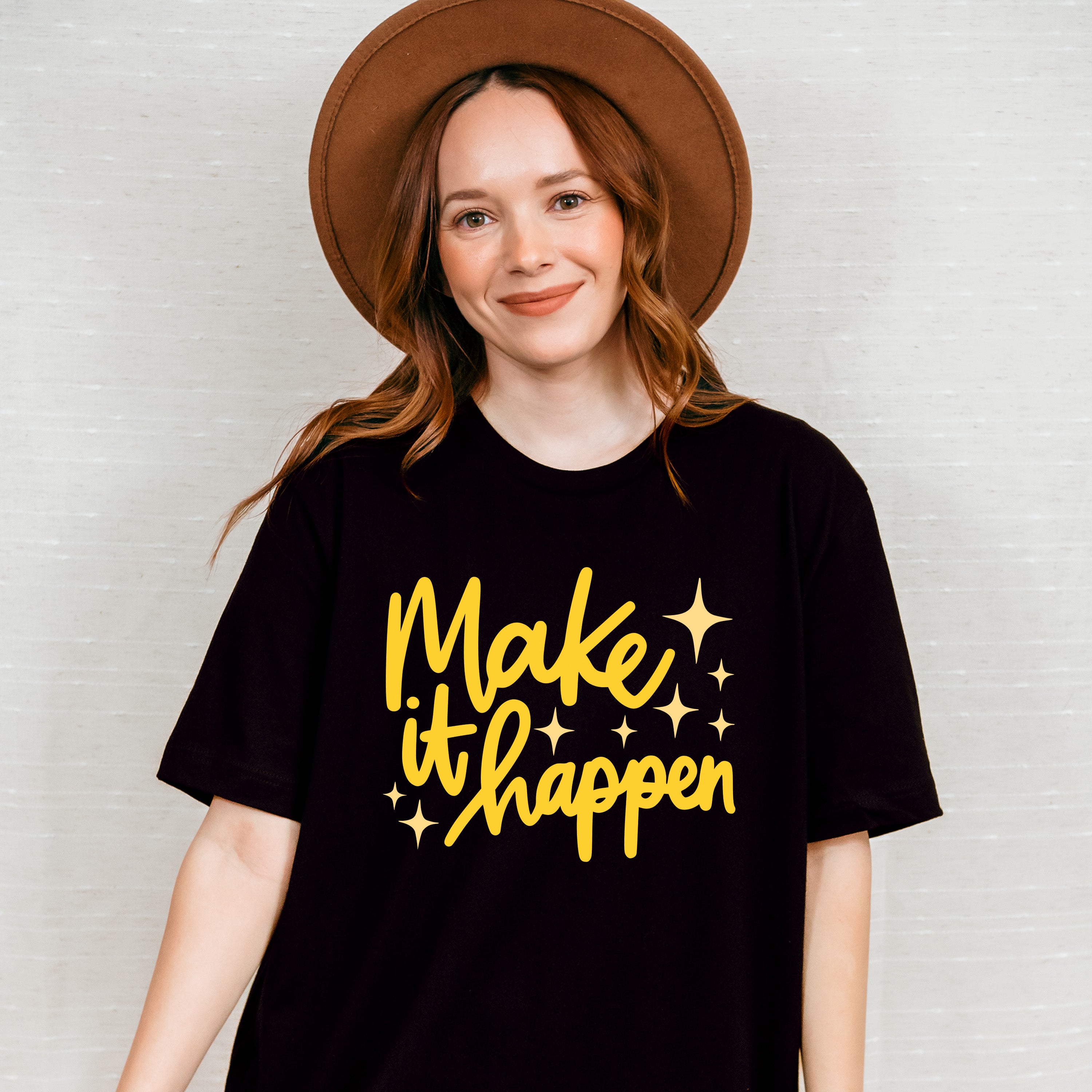 Make It Happen Yellow Cursive Design - Quotes Unisex Crewneck T-Shirt Sweatshirt Hoodie