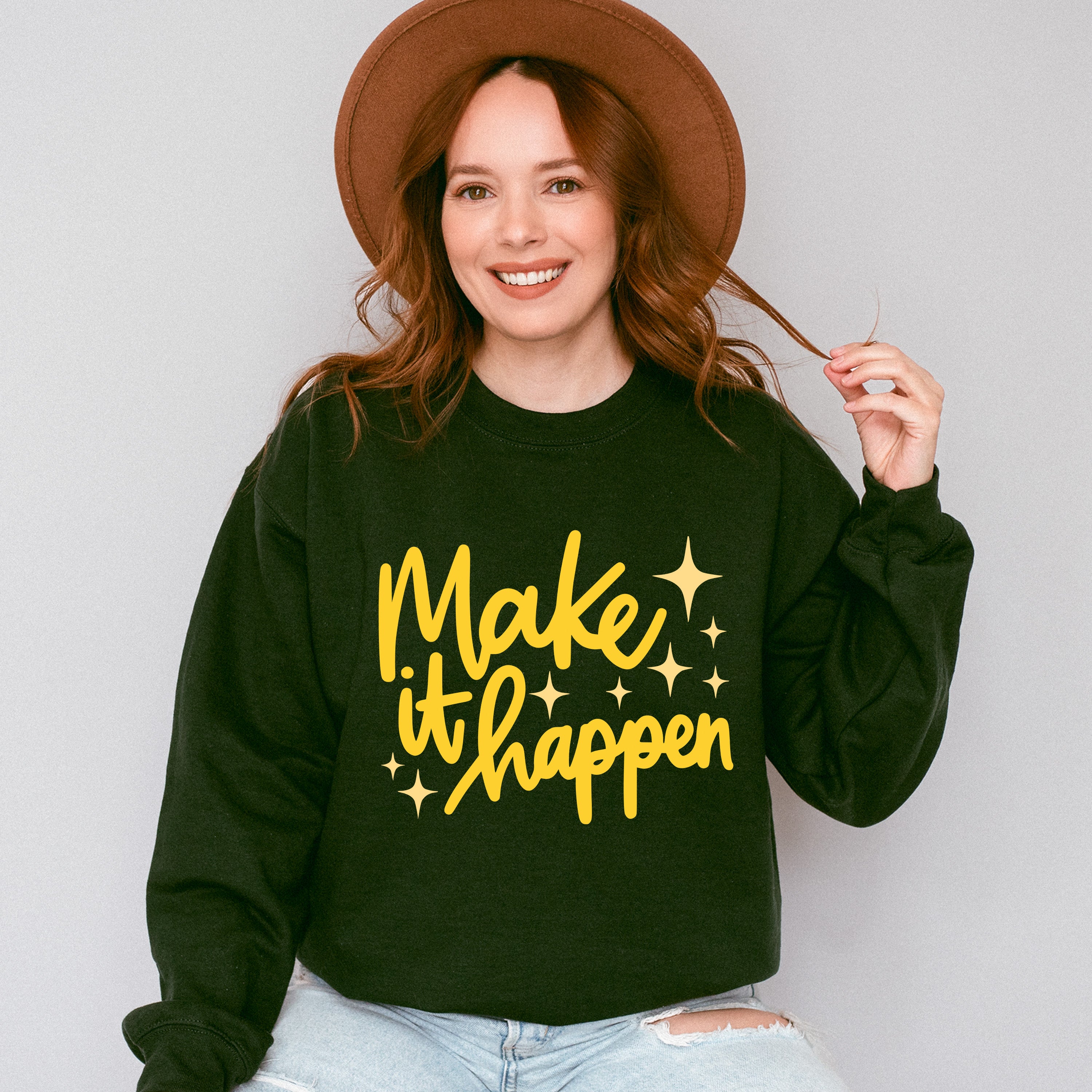 Make It Happen Yellow Cursive Design - Quotes Unisex Crewneck T-Shirt Sweatshirt Hoodie