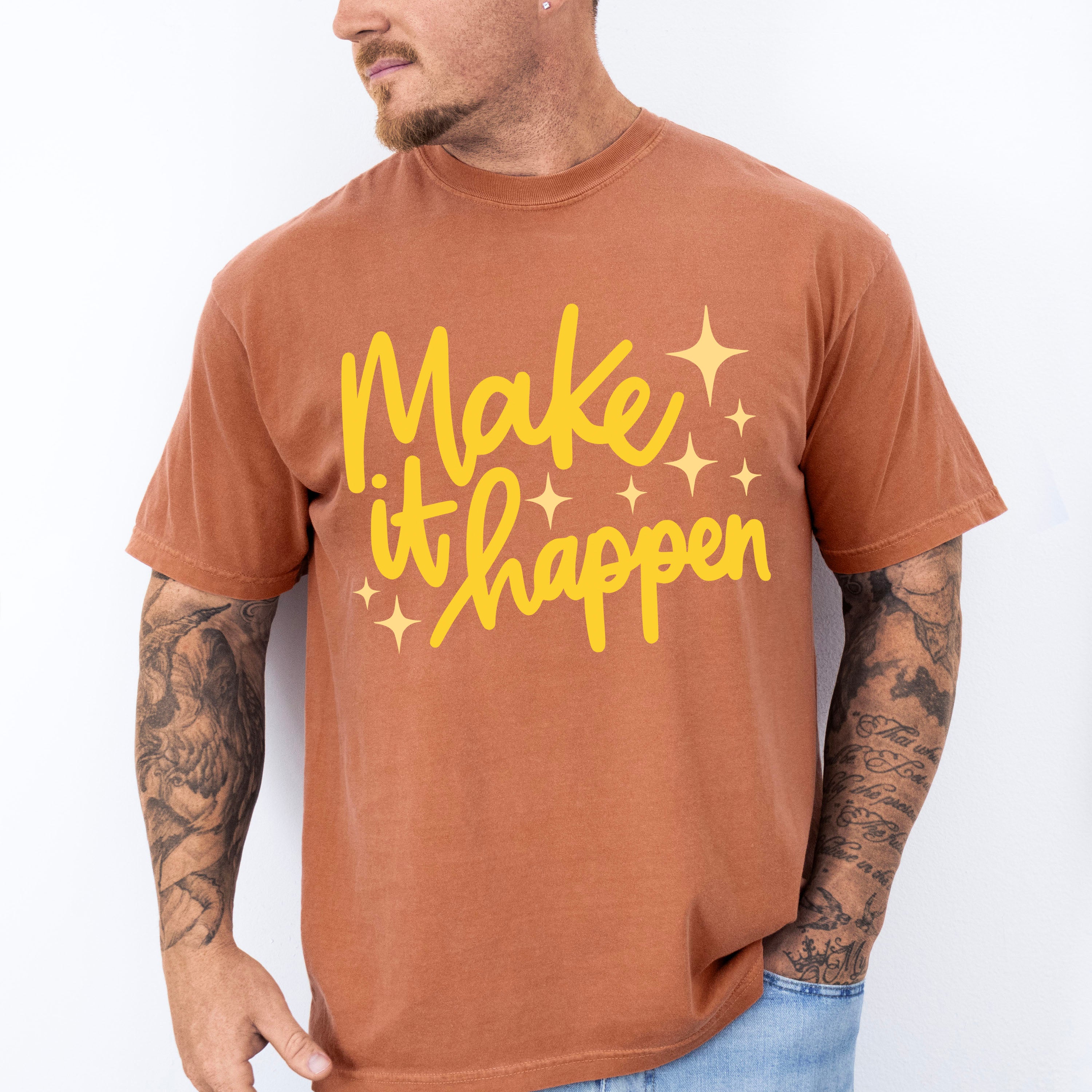 Make It Happen Yellow Cursive Design - Quotes Unisex Crewneck T-Shirt Sweatshirt Hoodie