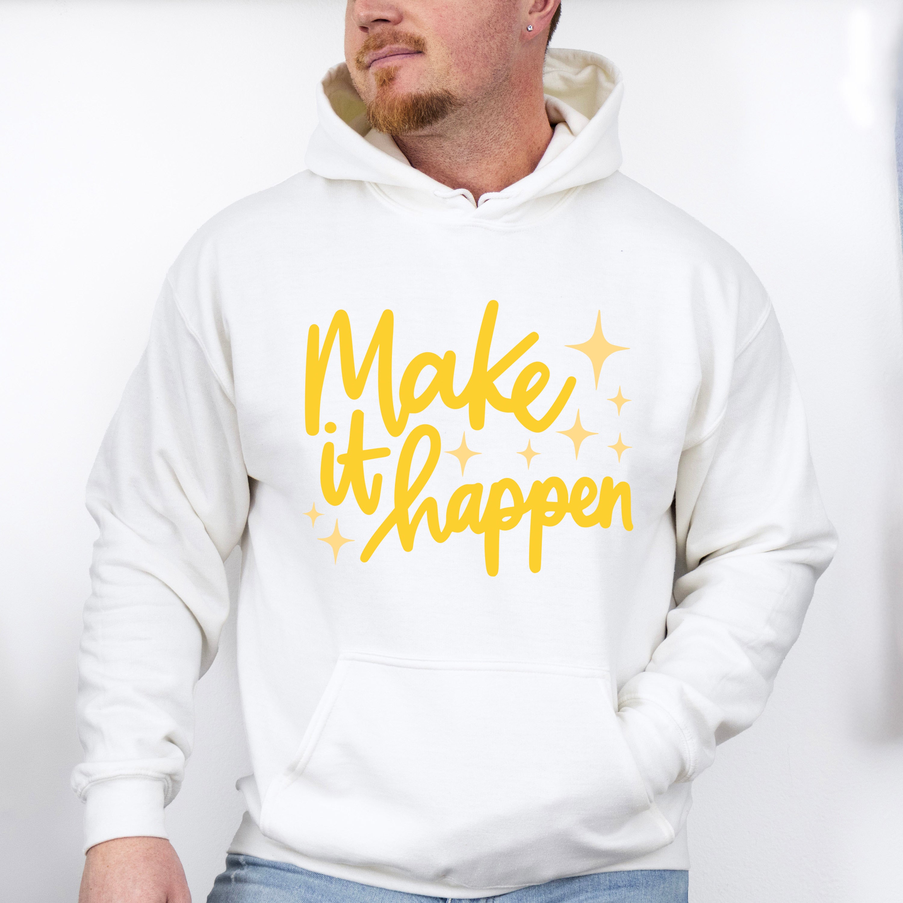 Make It Happen Yellow Cursive Design - Quotes Unisex Crewneck T-Shirt Sweatshirt Hoodie