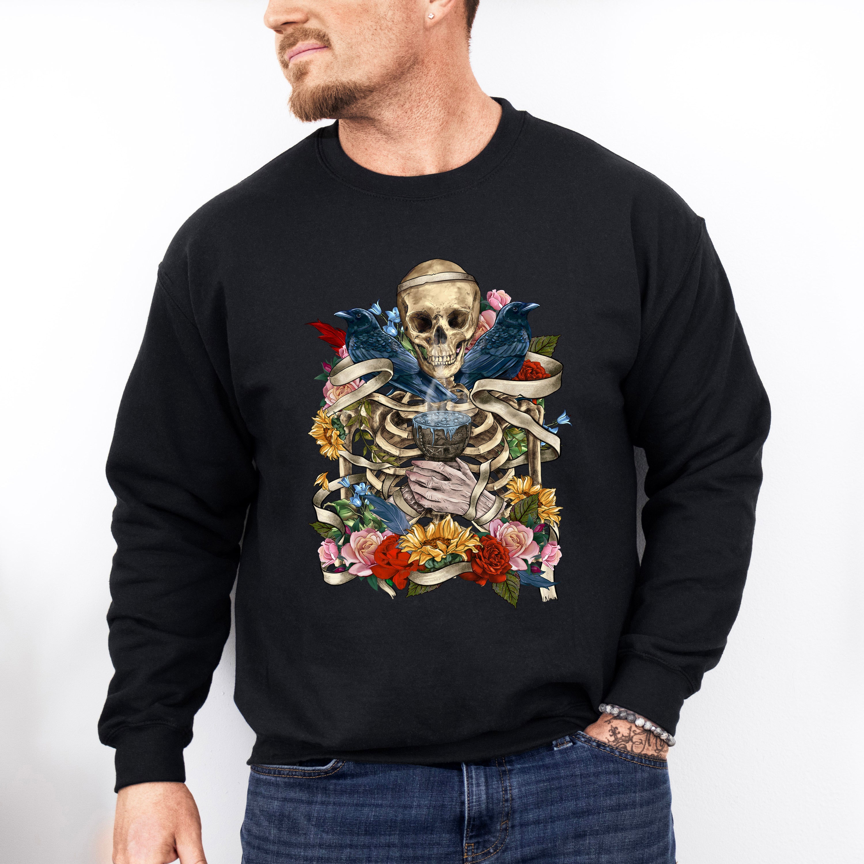 Skeleton Crows Flowers Design - Skeleton Unisex Crewneck T-Shirt Sweatshirt Hoodie