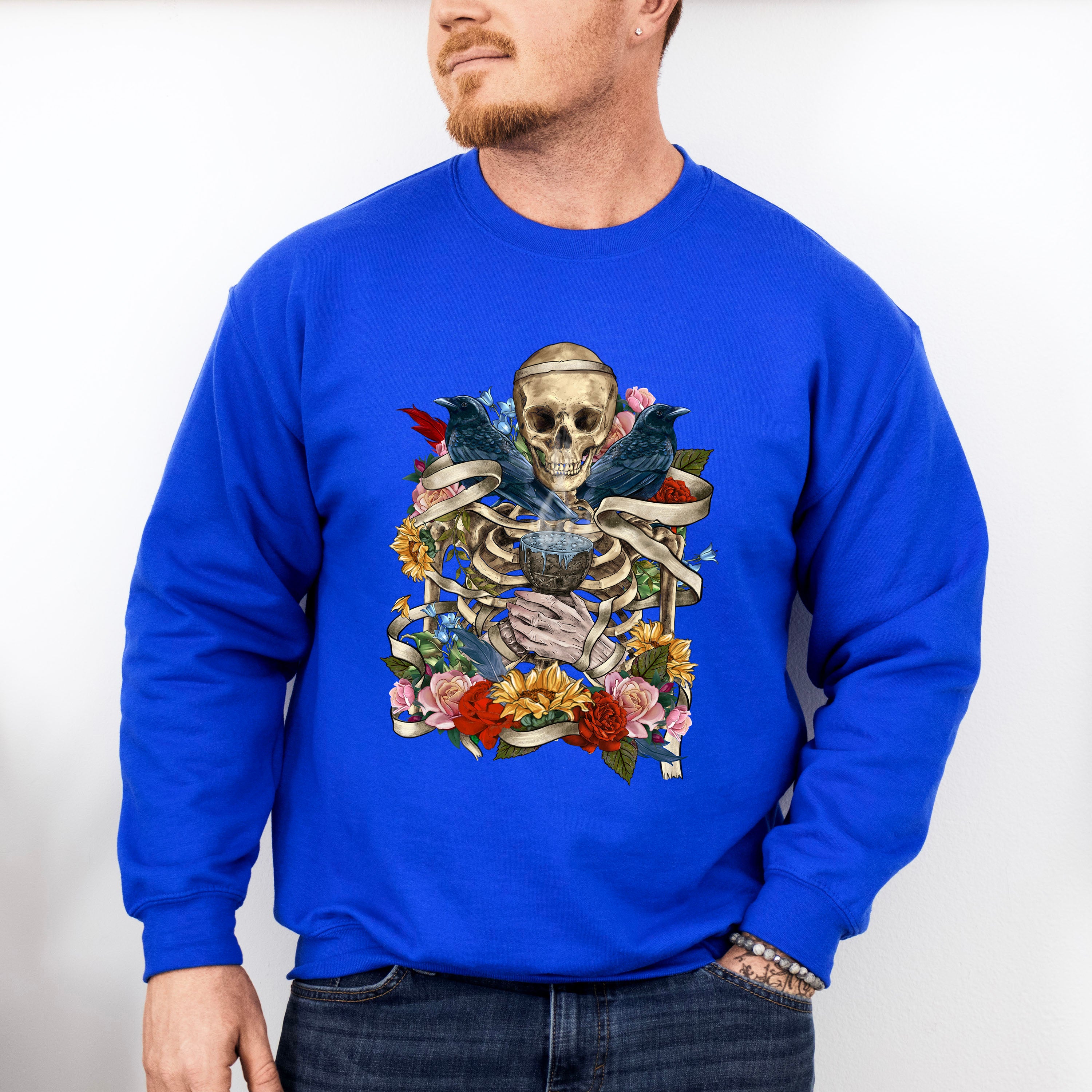 Skeleton Crows Flowers Design - Skeleton Unisex Crewneck T-Shirt Sweatshirt Hoodie