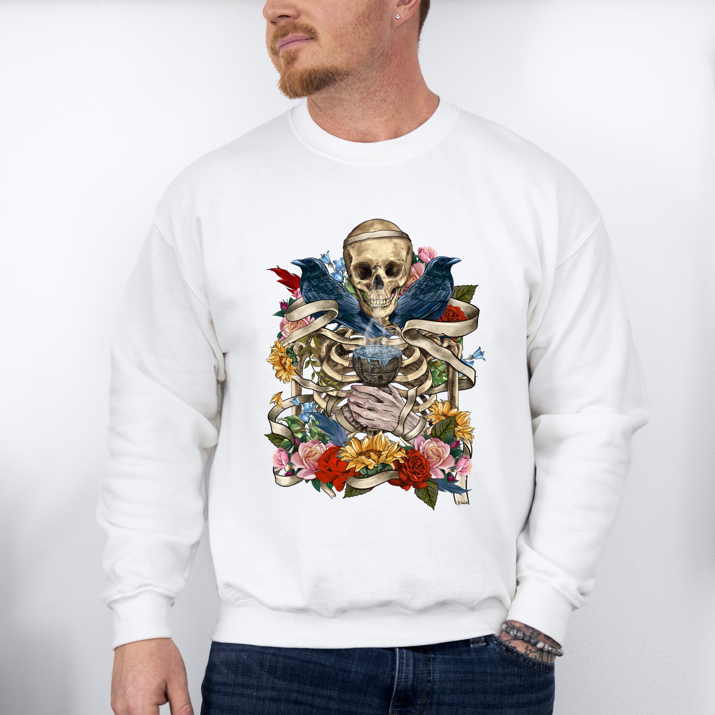 Skeleton Crows Flowers Design - Skeleton Unisex Crewneck T-Shirt Sweatshirt Hoodie
