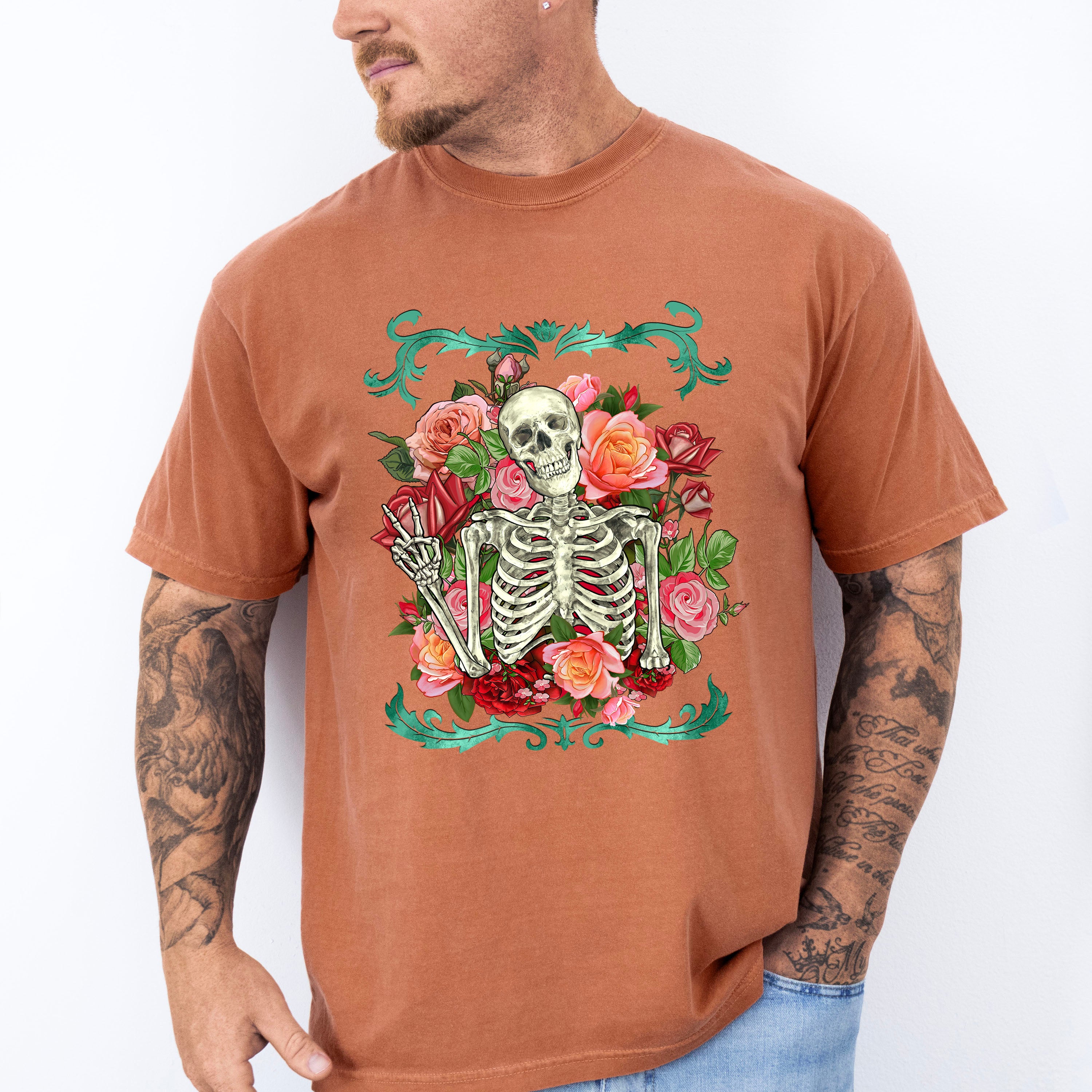 Skeleton Peace Sign Flowers Design - Skeleton Unisex Crewneck T-Shirt Sweatshirt Hoodie