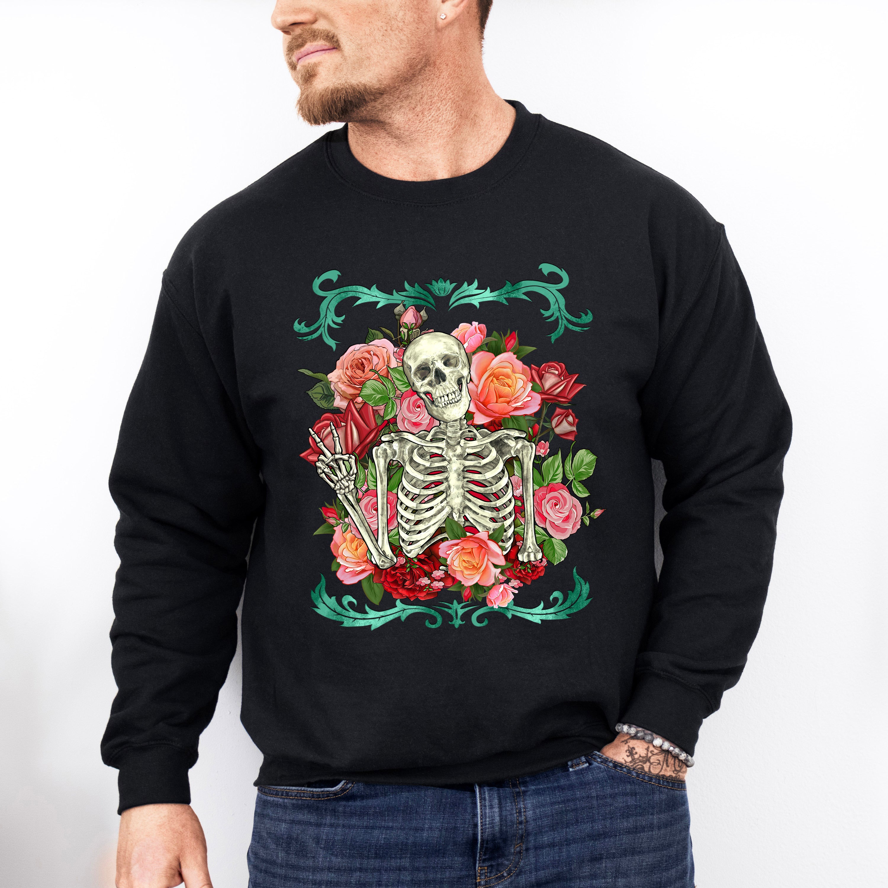 Skeleton Peace Sign Flowers Design - Skeleton Unisex Crewneck T-Shirt Sweatshirt Hoodie