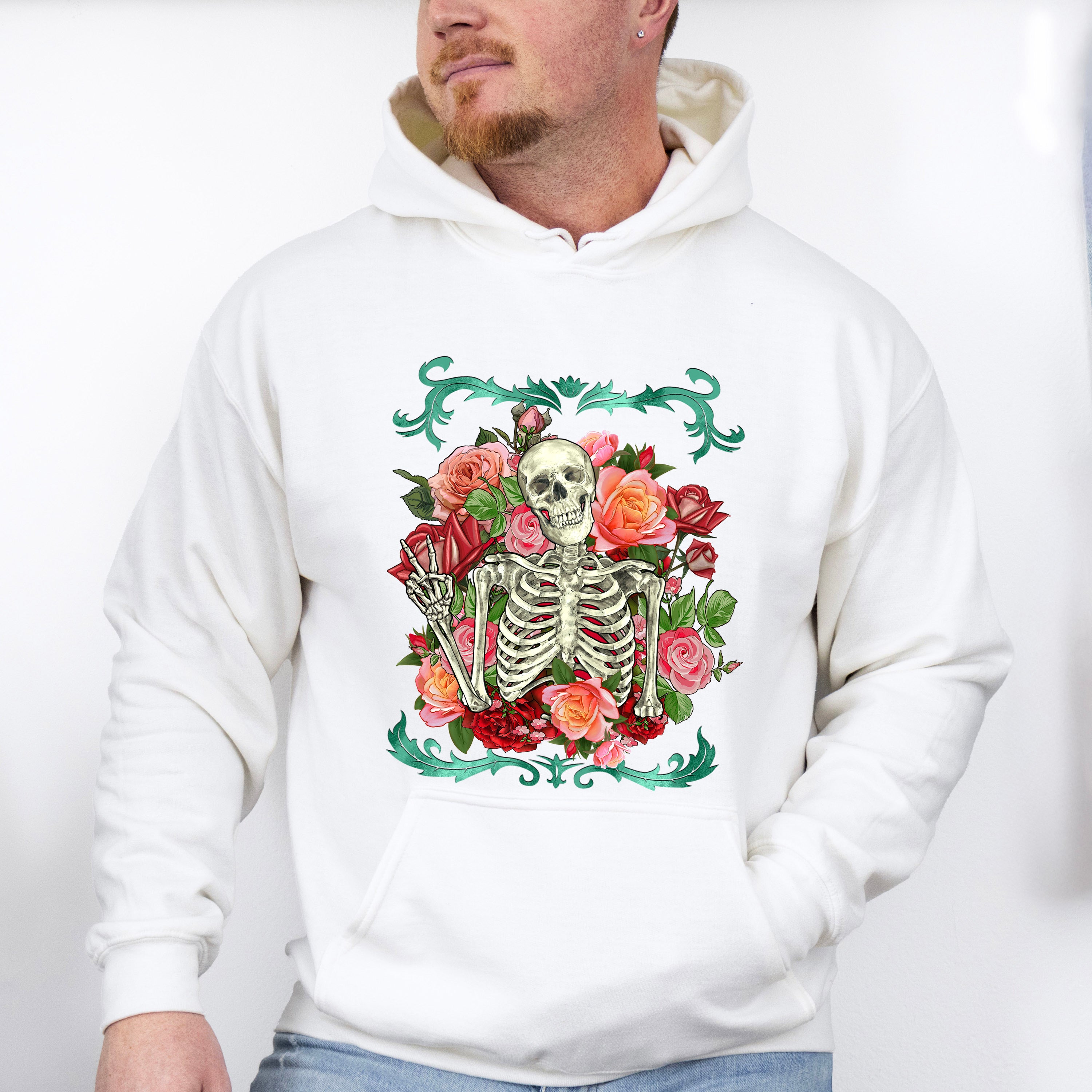 Skeleton Peace Sign Flowers Design - Skeleton Unisex Crewneck T-Shirt Sweatshirt Hoodie