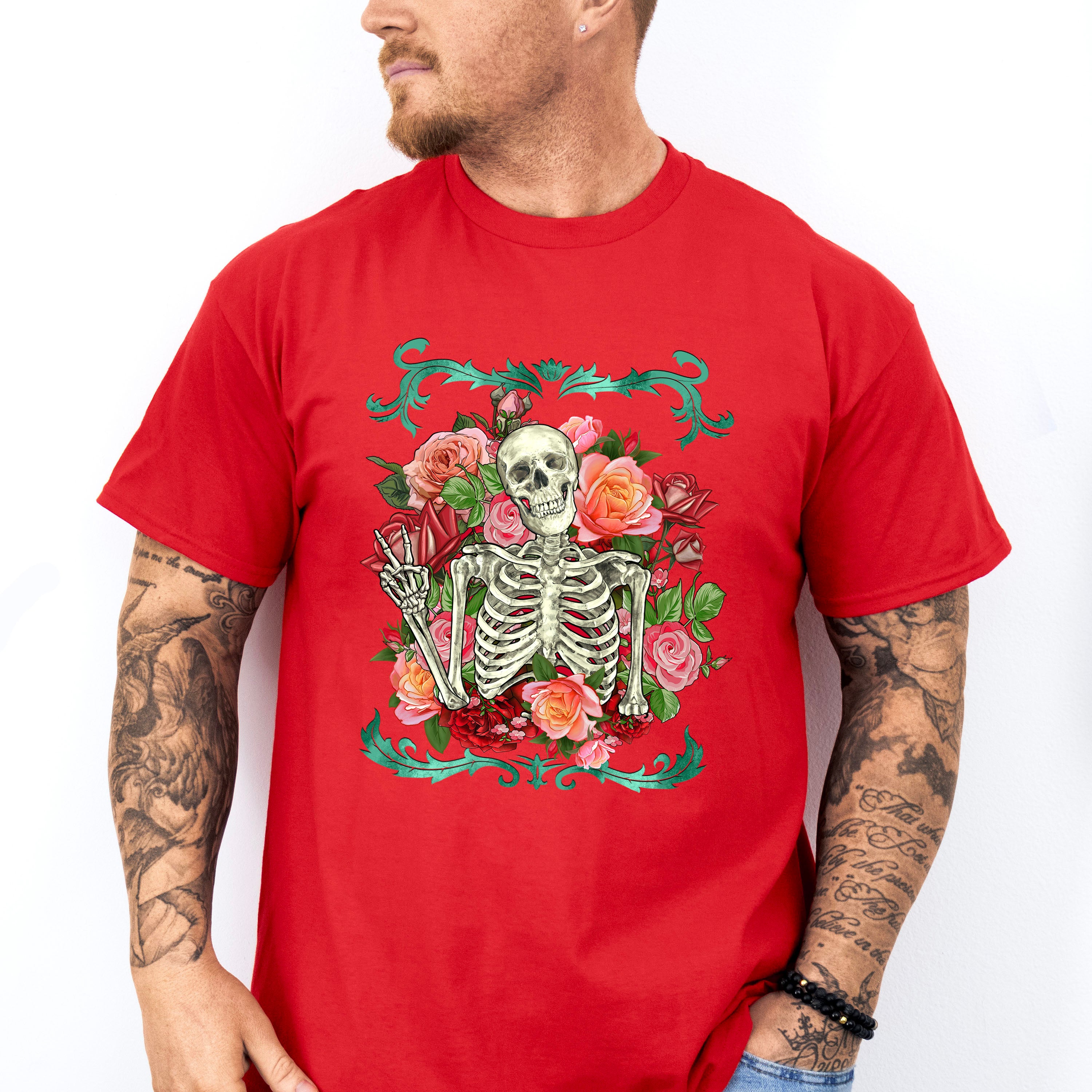 Skeleton Peace Sign Flowers Design - Skeleton Unisex Crewneck T-Shirt Sweatshirt Hoodie