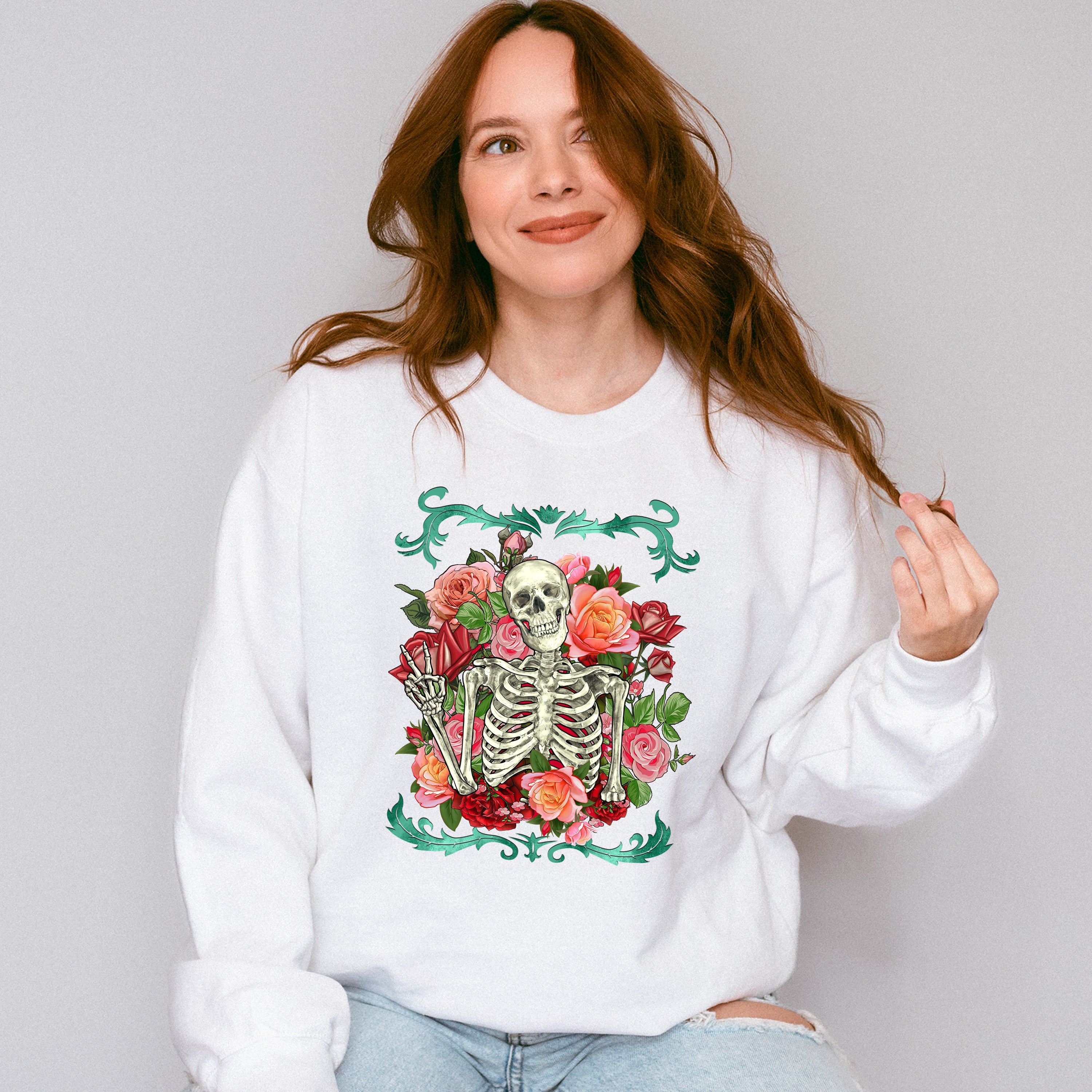 Skeleton Peace Sign Flowers Design - Skeleton Unisex Crewneck T-Shirt Sweatshirt Hoodie