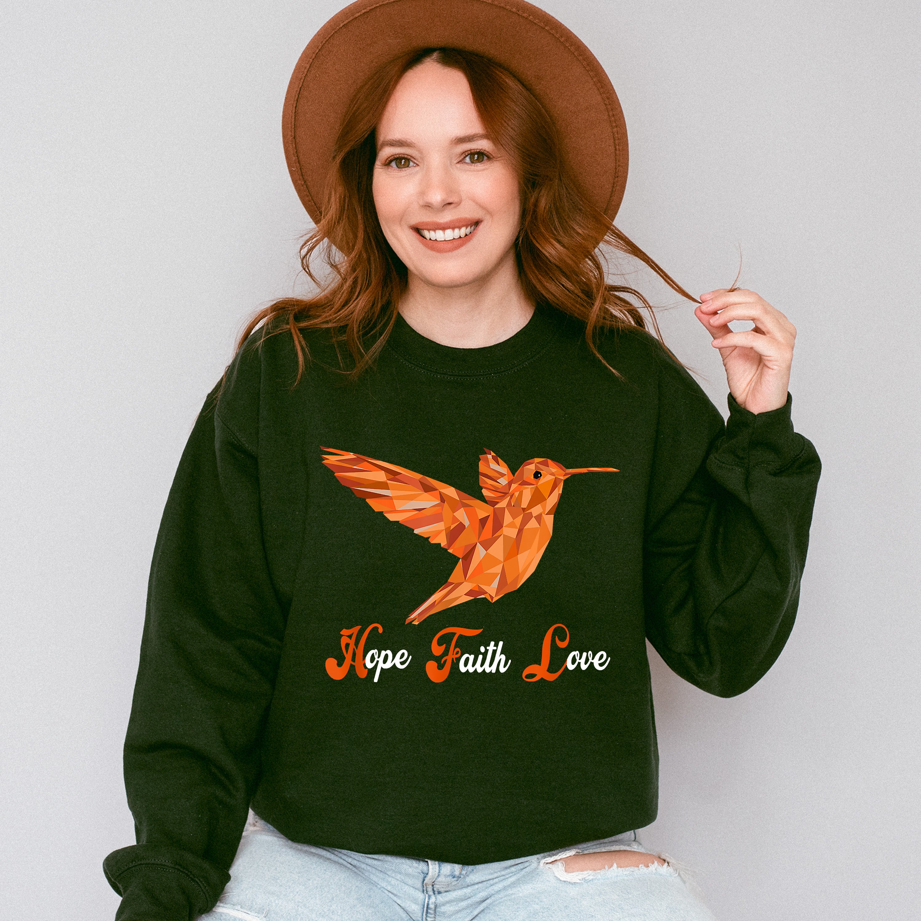 Hope Faith Love Orange Hummingbird Design - Birds Unisex Crewneck T-Shirt Sweatshirt Hoodie