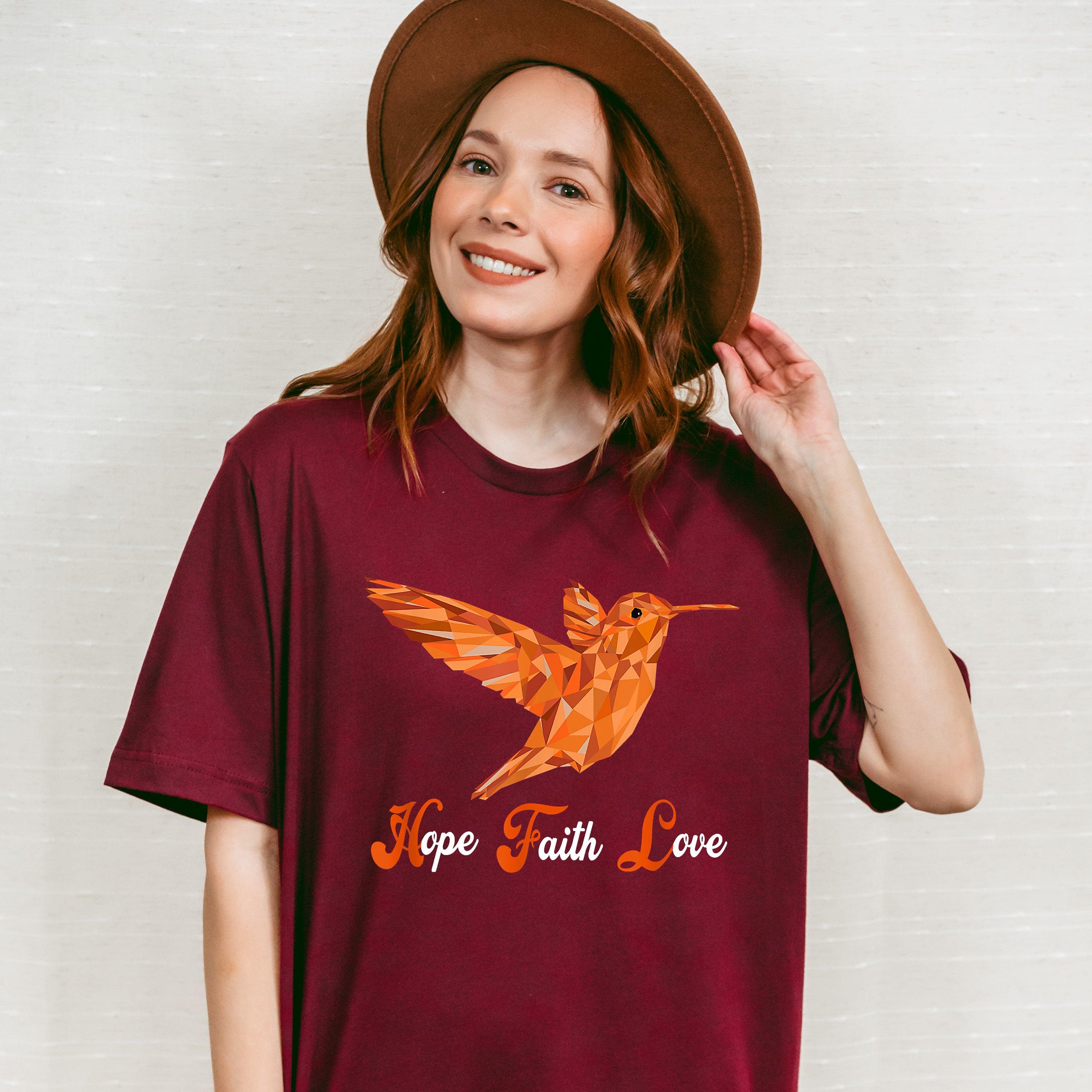Hope Faith Love Orange Hummingbird Design - Birds Unisex Crewneck T-Shirt Sweatshirt Hoodie