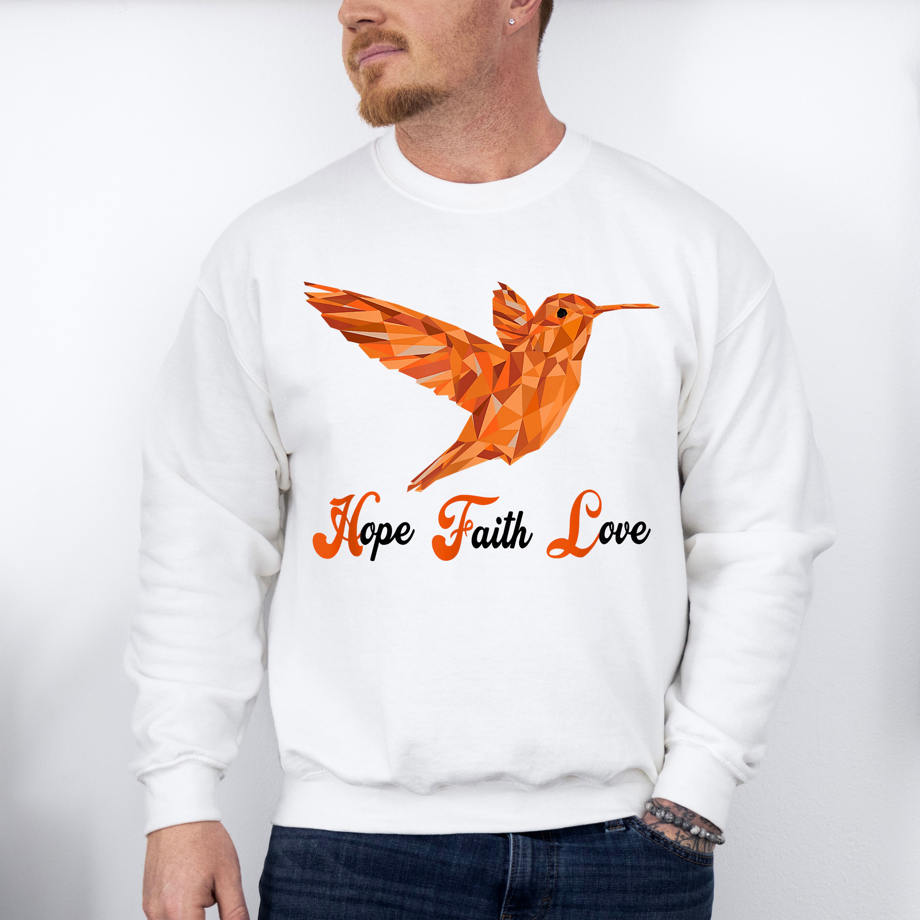 Hope Faith Love Orange Hummingbird Design - Birds Unisex Crewneck T-Shirt Sweatshirt Hoodie