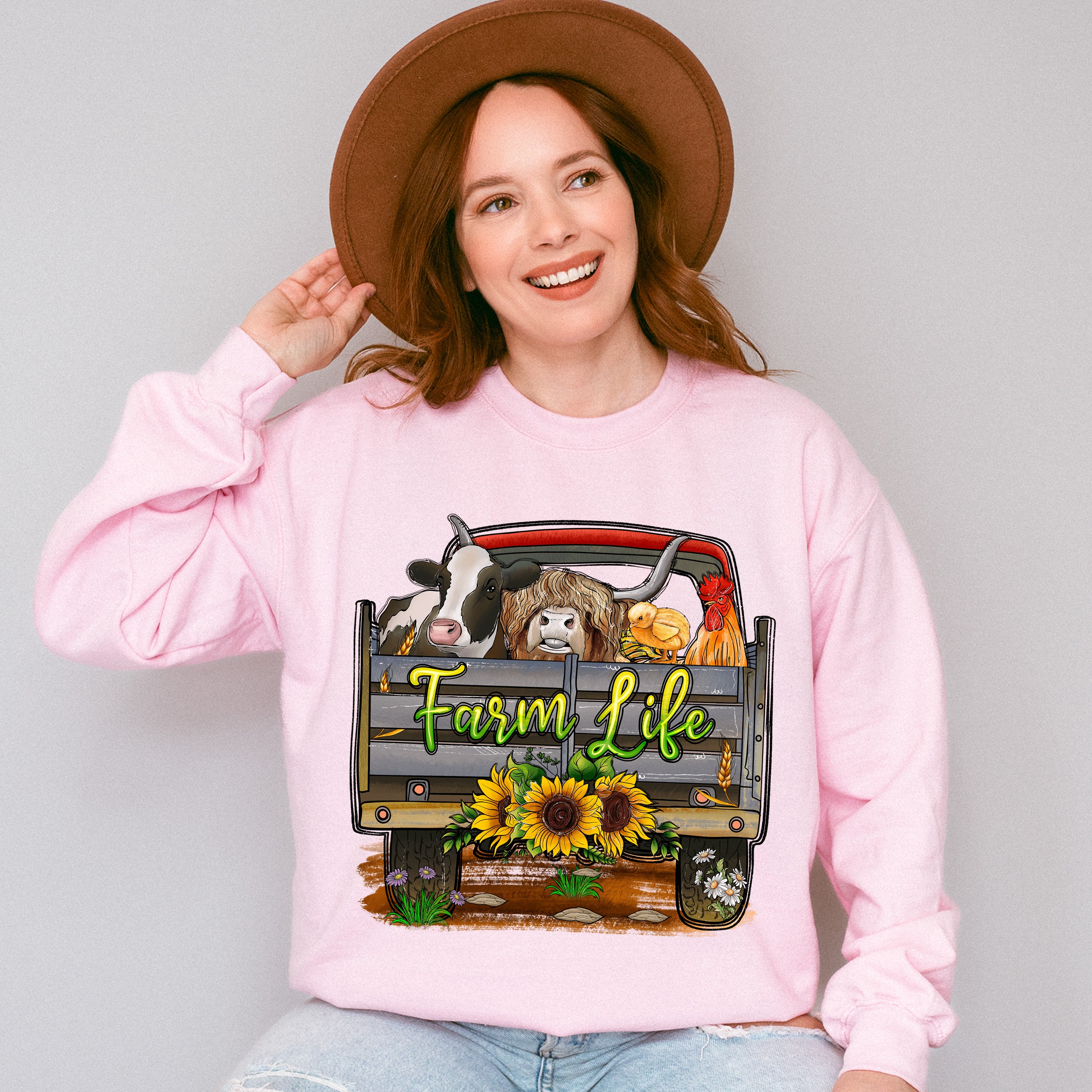 Farm Life Truck Design - Farm Animals Unisex Crewneck T-Shirt Sweatshirt Hoodie