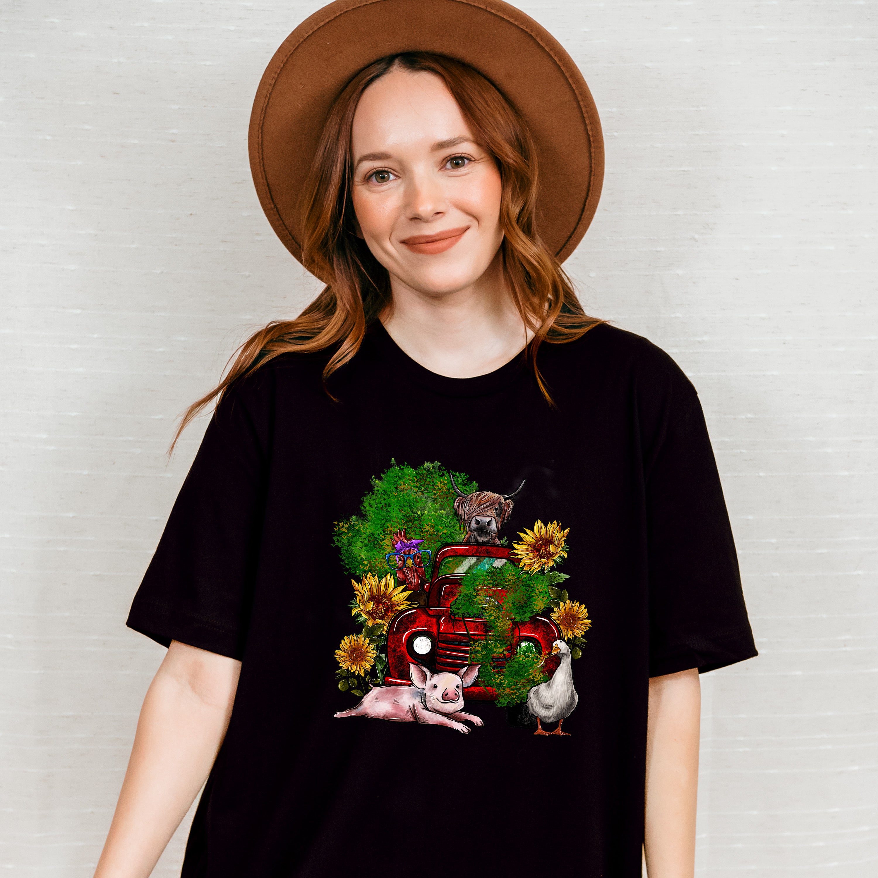 Farm Animals Truck And Flower Design - Farm Animals Unisex Crewneck T-Shirt Sweatshirt Hoodie