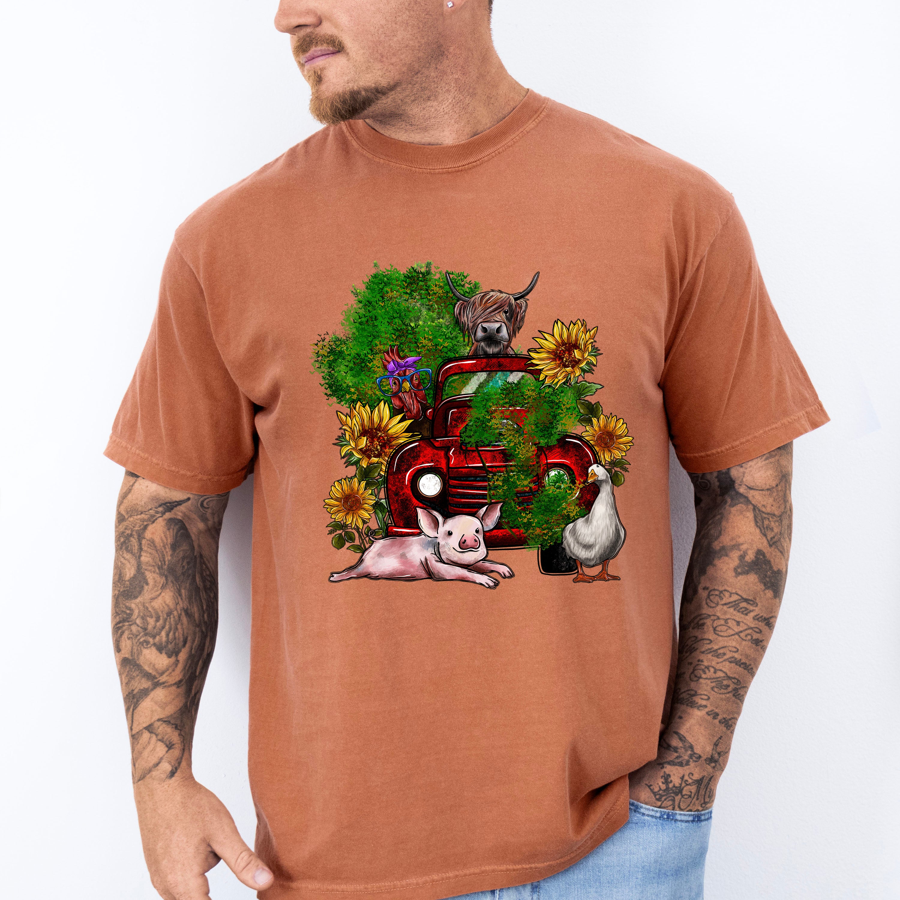 Farm Animals Truck And Flower Design - Farm Animals Unisex Crewneck T-Shirt Sweatshirt Hoodie