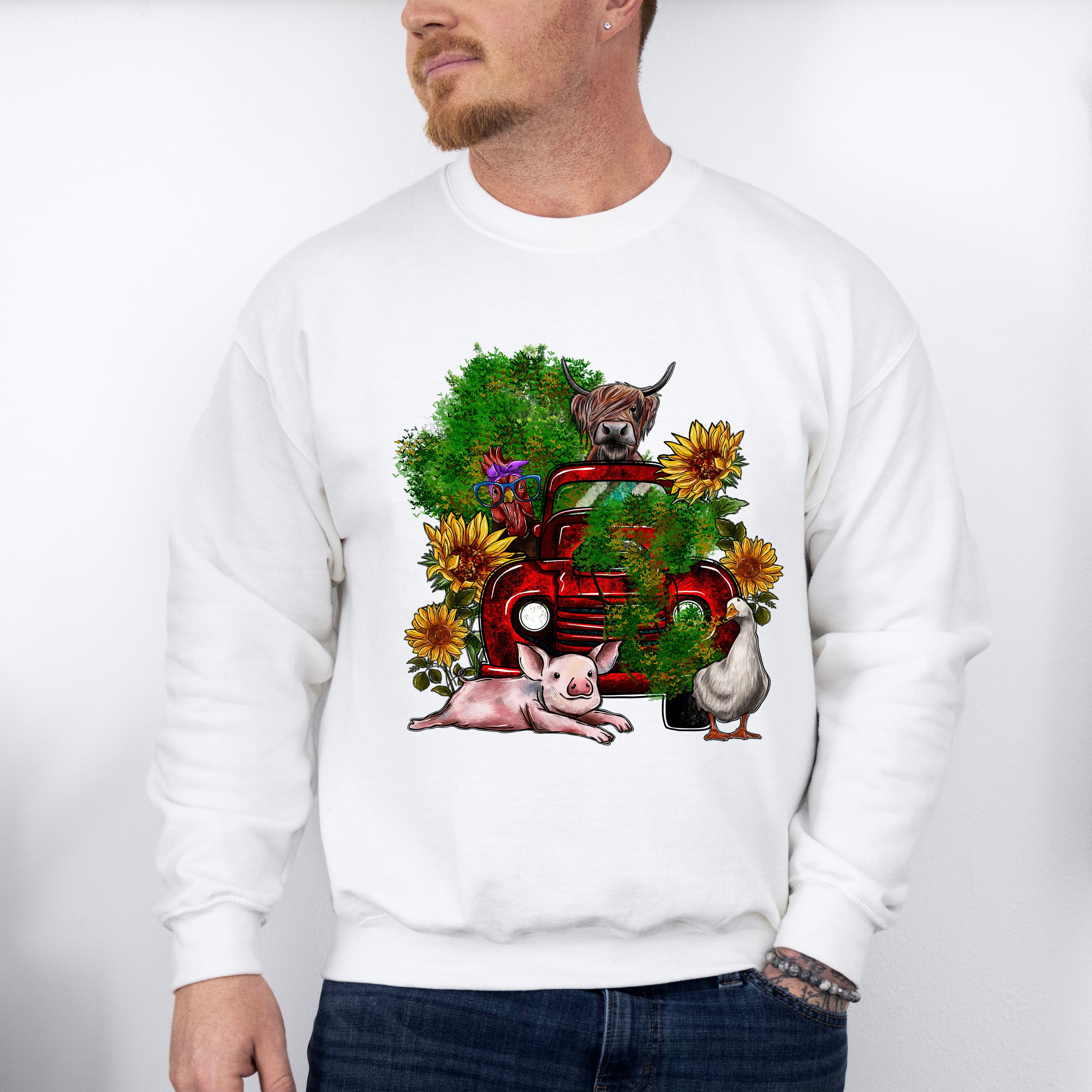 Farm Animals Truck And Flower Design - Farm Animals Unisex Crewneck T-Shirt Sweatshirt Hoodie