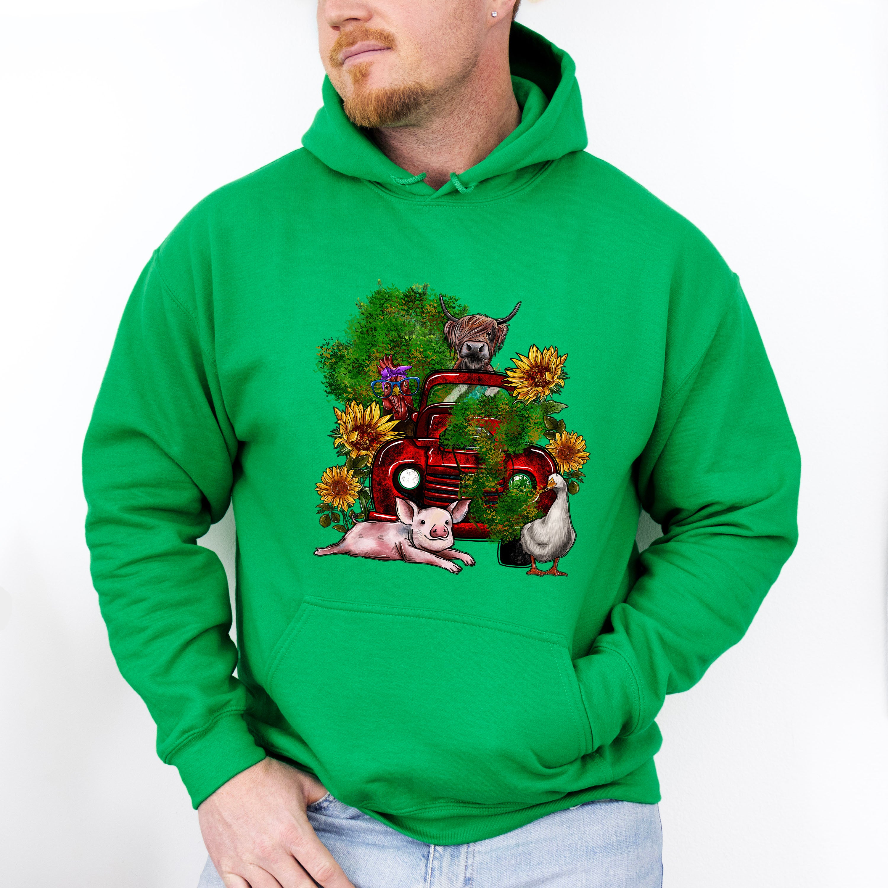 Farm Animals Truck And Flower Design - Farm Animals Unisex Crewneck T-Shirt Sweatshirt Hoodie