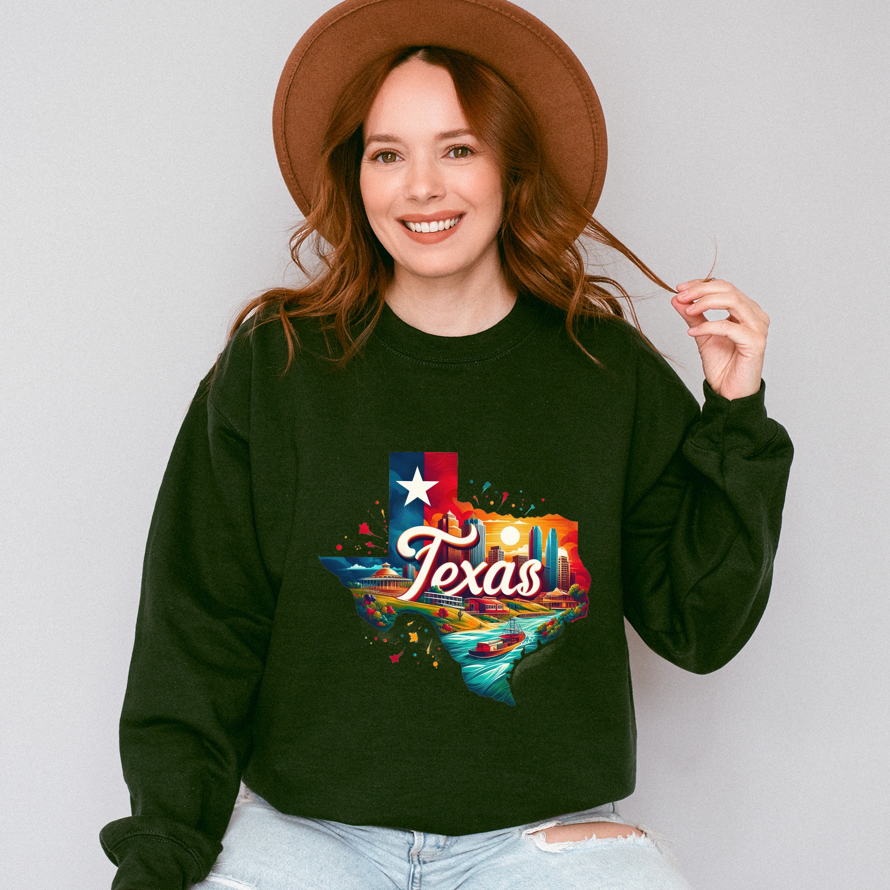 Colorful Texas State Design - States &amp; Cities Unisex Crewneck T-Shirt Sweatshirt Hoodie