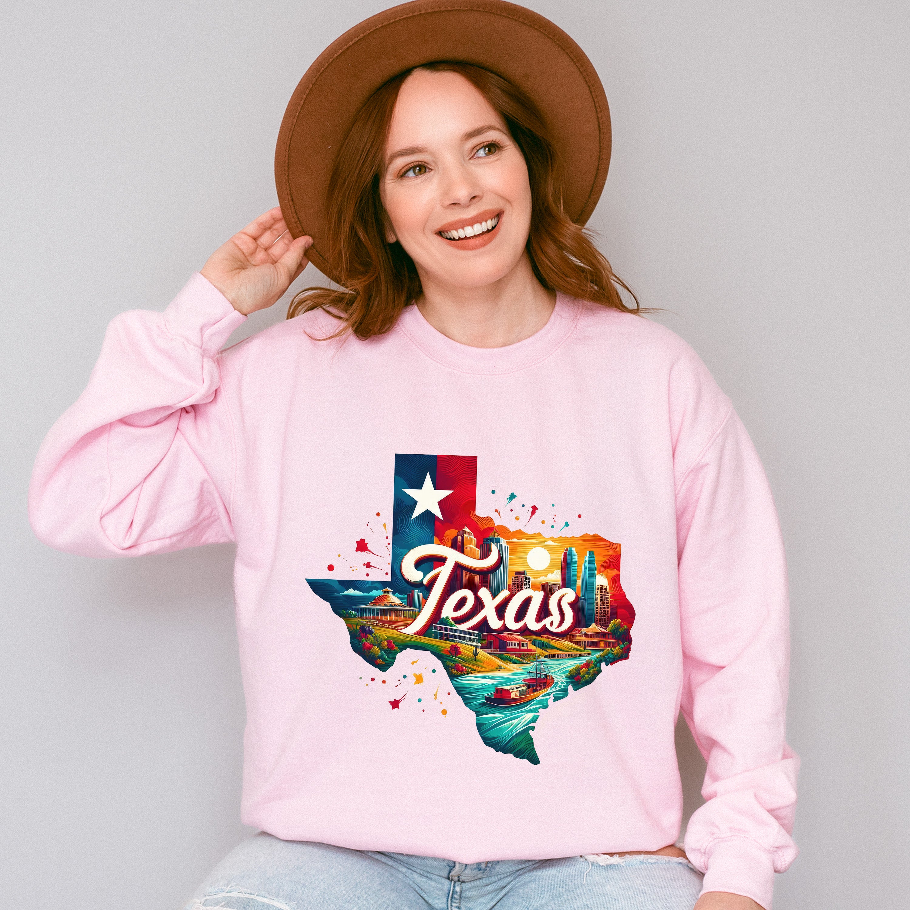 Colorful Texas State Design - States &amp; Cities Unisex Crewneck T-Shirt Sweatshirt Hoodie