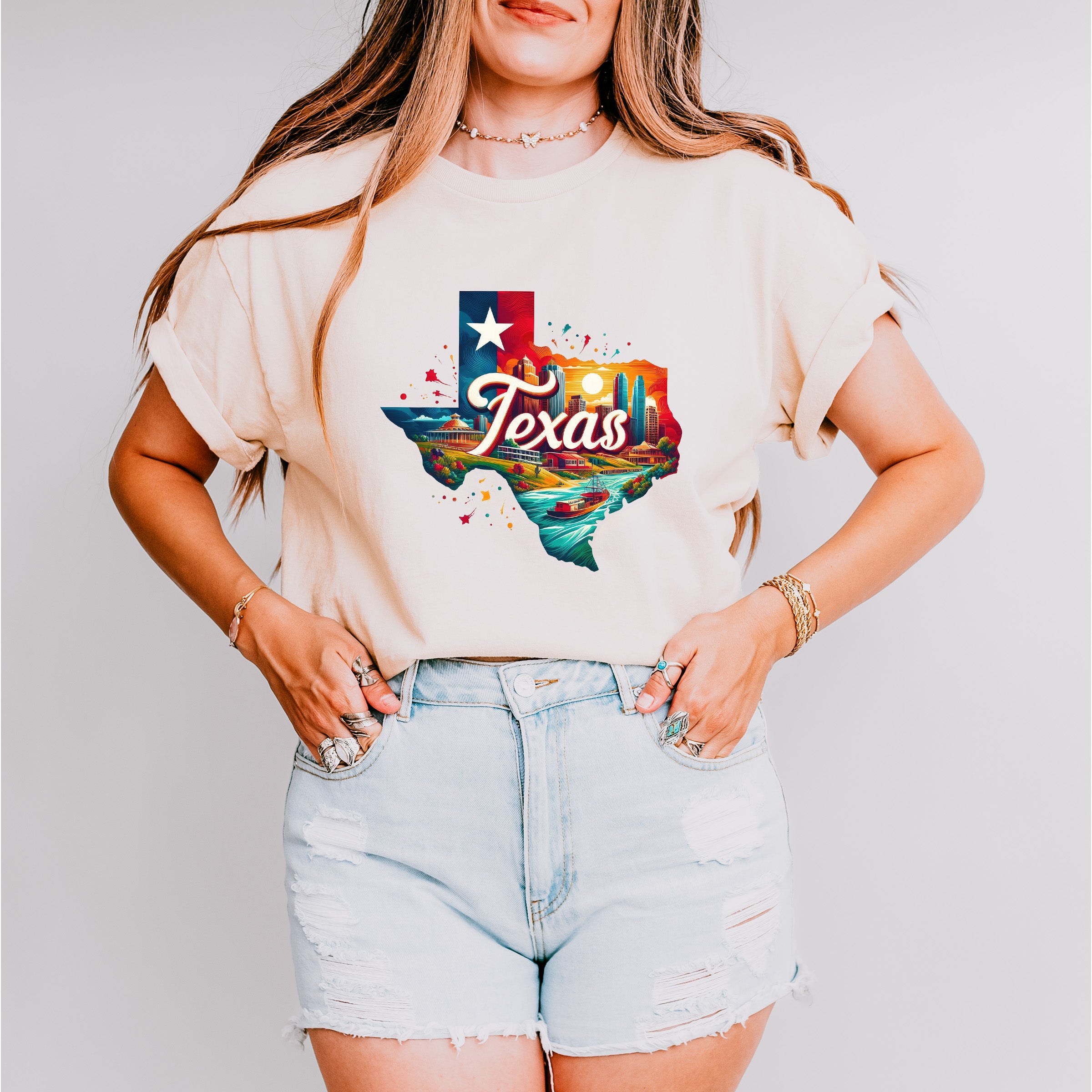 Colorful Texas State Design - States &amp; Cities Unisex Crewneck T-Shirt Sweatshirt Hoodie