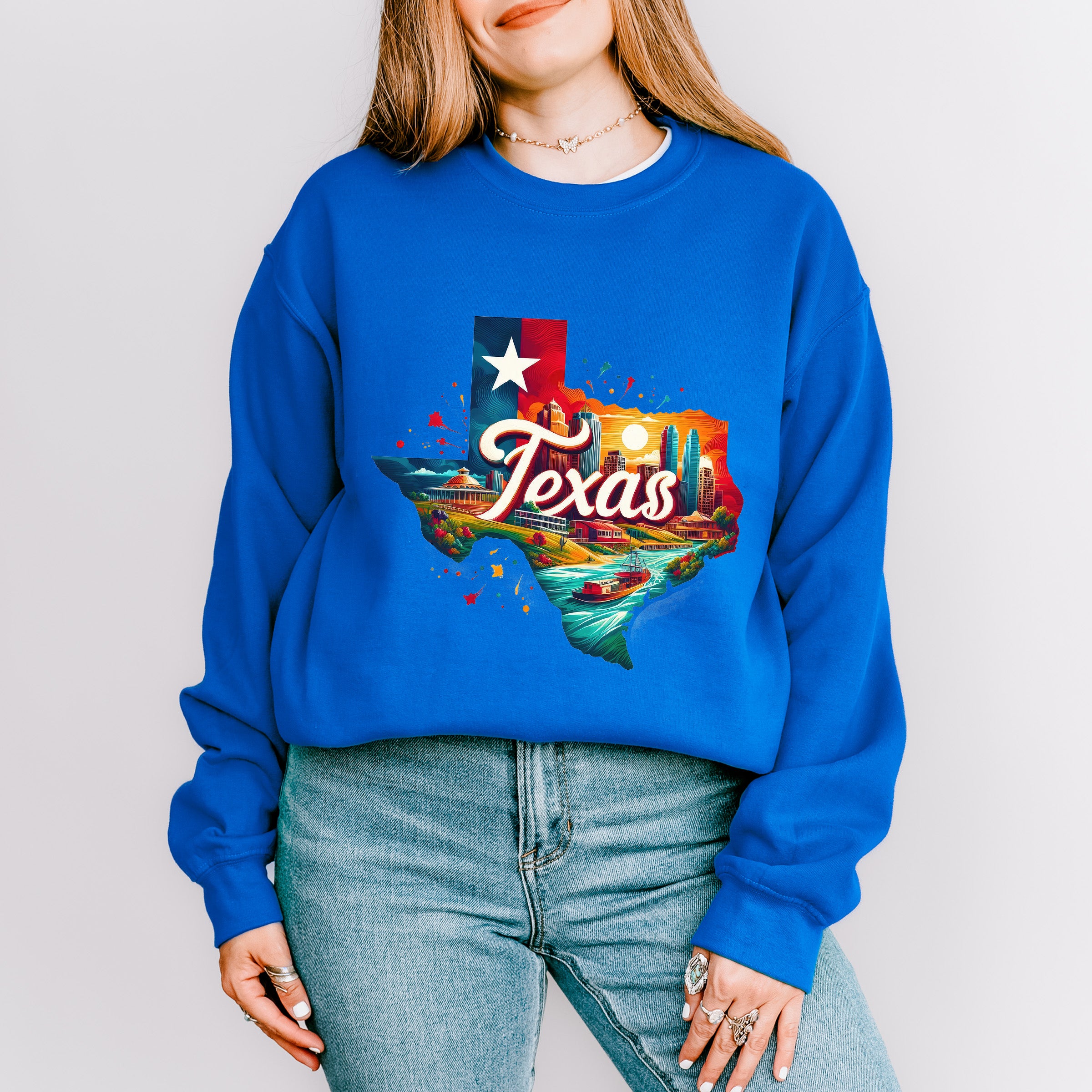Colorful Texas State Design - States &amp; Cities Unisex Crewneck T-Shirt Sweatshirt Hoodie