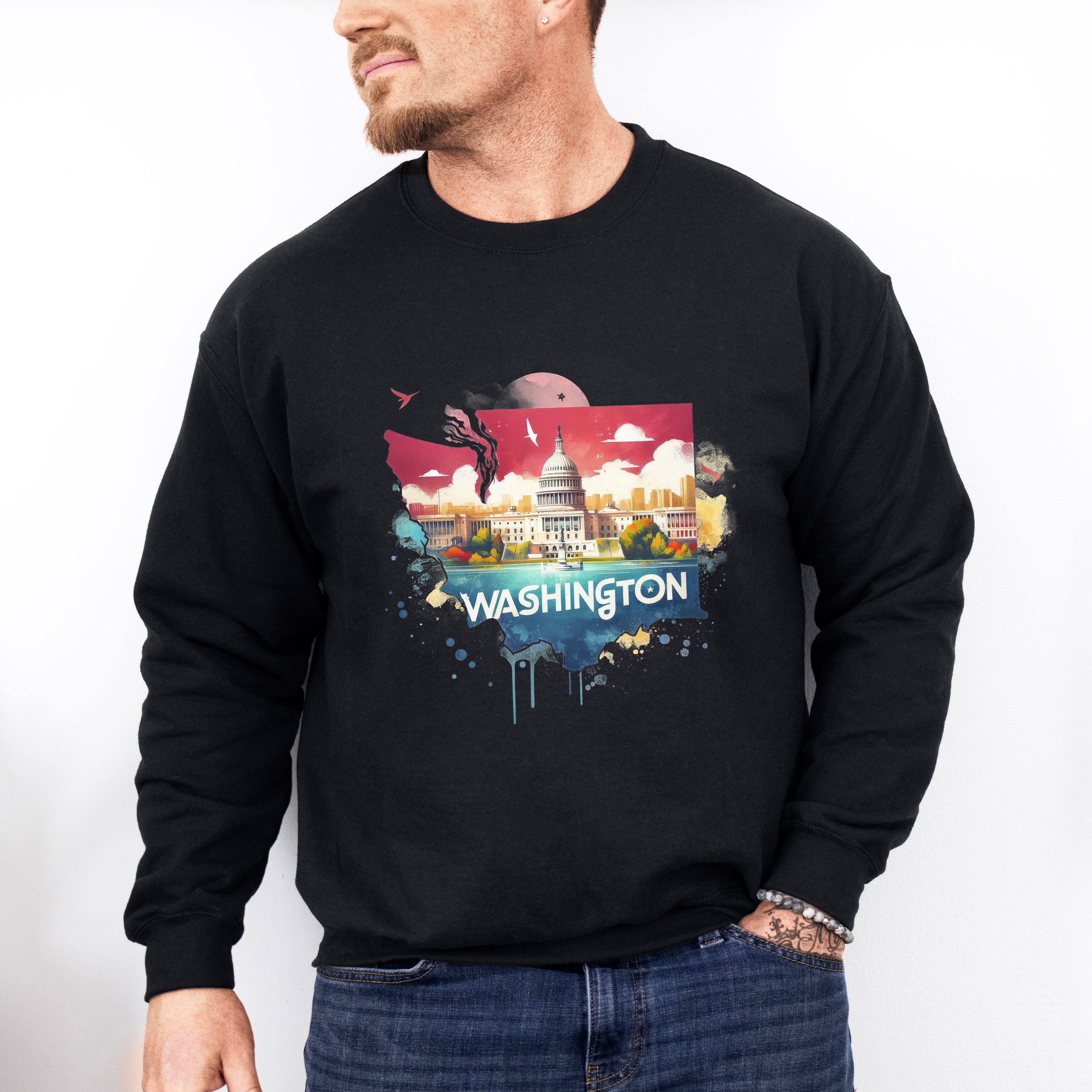 Colorful Washington State Design - States &amp; Cities Unisex Crewneck T-Shirt Sweatshirt Hoodie