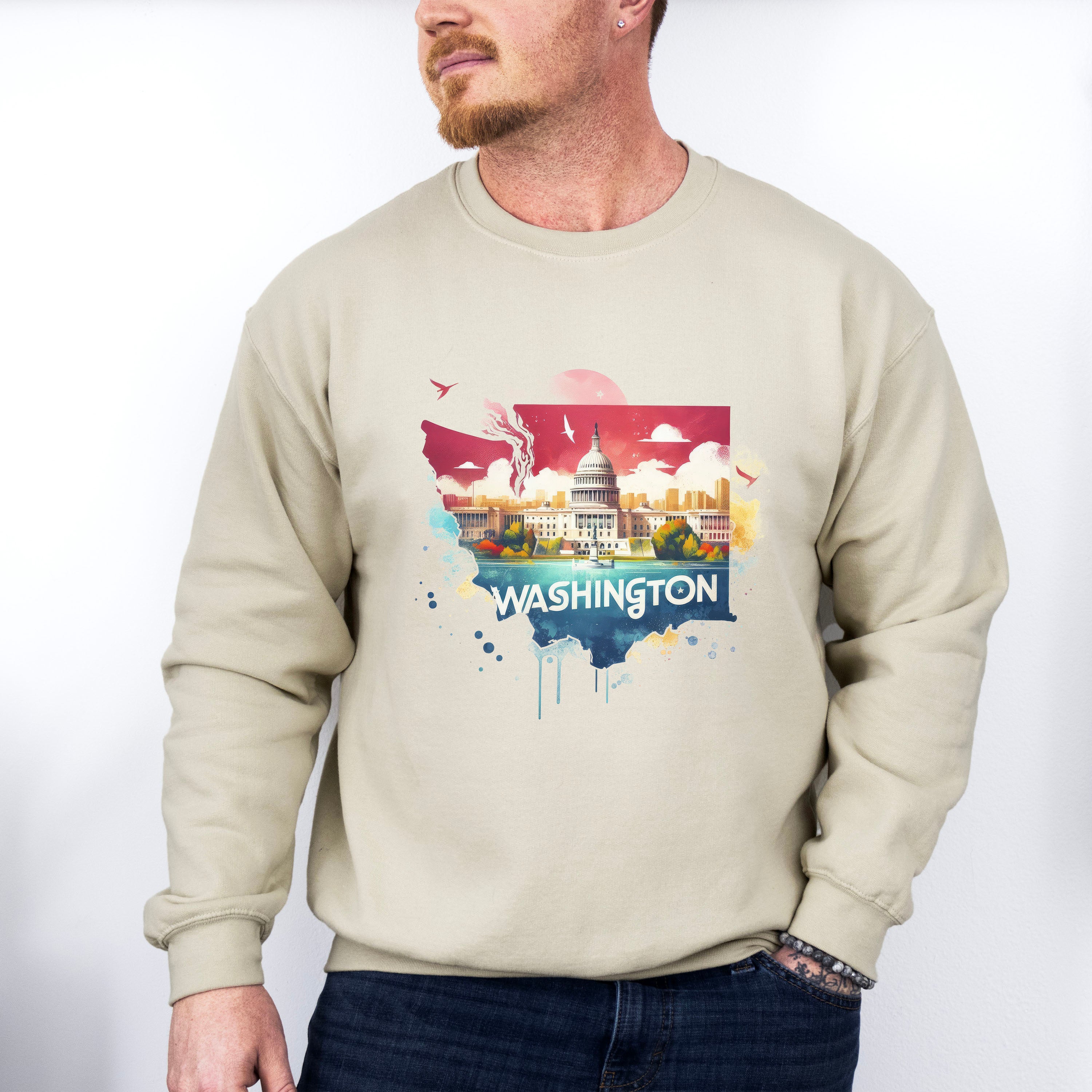 Colorful Washington State Design - States &amp; Cities Unisex Crewneck T-Shirt Sweatshirt Hoodie